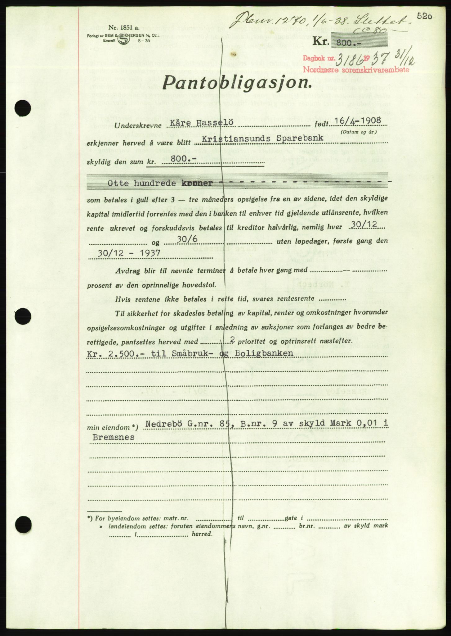 Nordmøre sorenskriveri, AV/SAT-A-4132/1/2/2Ca/L0092: Pantebok nr. B82, 1937-1938, Dagboknr: 3186/1937