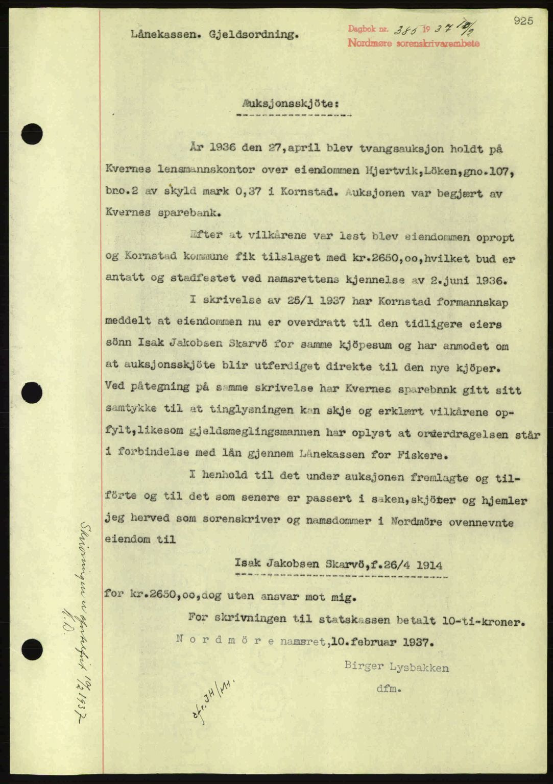 Nordmøre sorenskriveri, SAT/A-4132/1/2/2Ca: Pantebok nr. A80, 1936-1937, Dagboknr: 385/1937