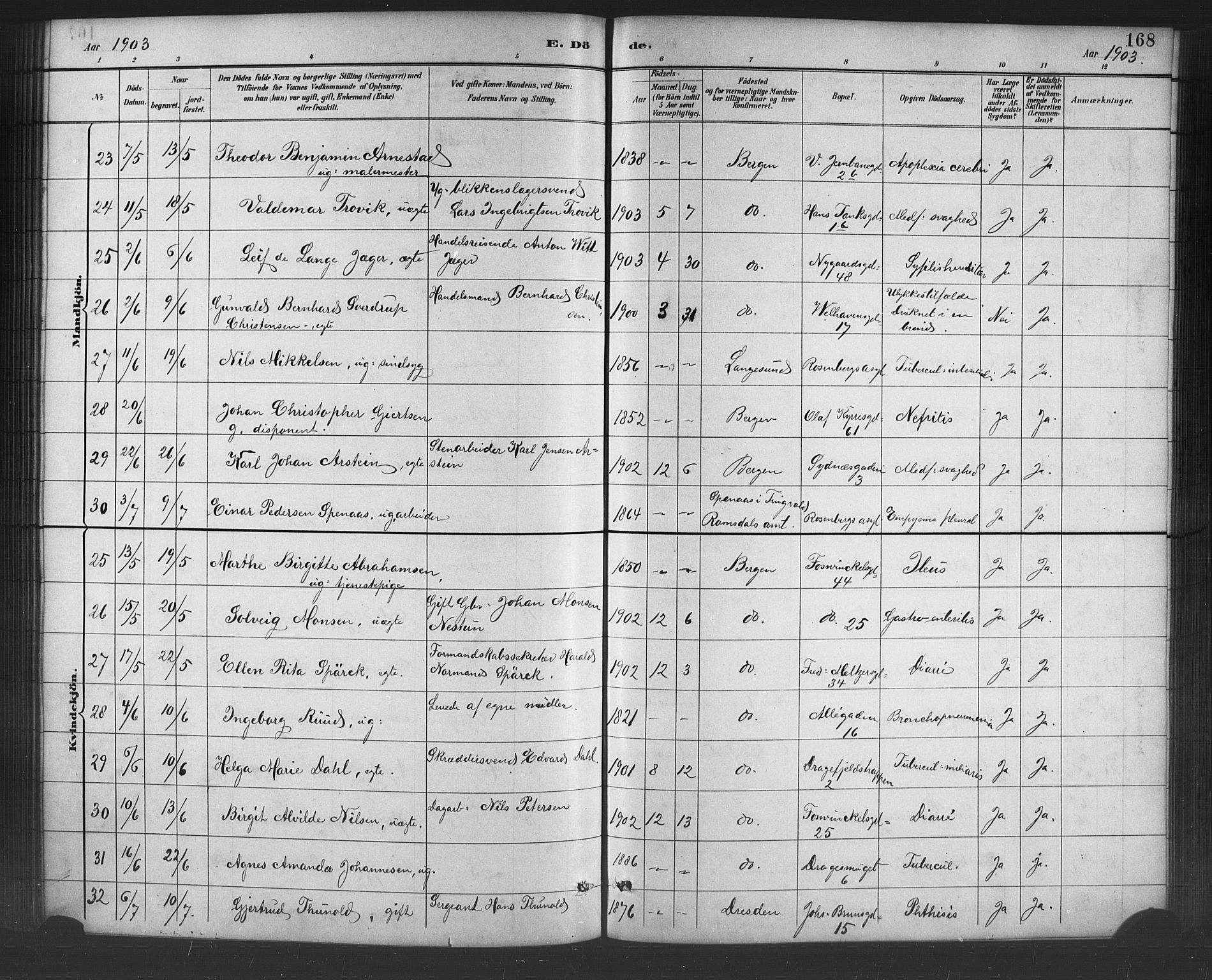Johanneskirken sokneprestembete, AV/SAB-A-76001/H/Hab: Klokkerbok nr. D 1, 1885-1915, s. 168