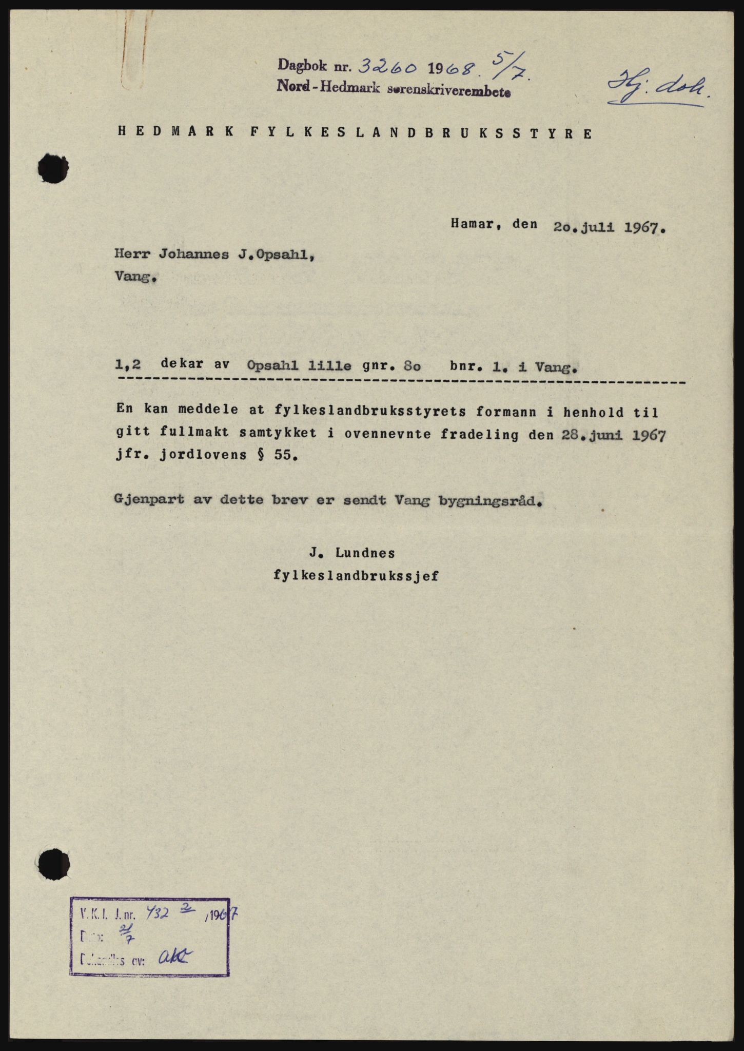 Nord-Hedmark sorenskriveri, SAH/TING-012/H/Hc/L0028: Pantebok nr. 28, 1968-1968, Dagboknr: 3260/1968