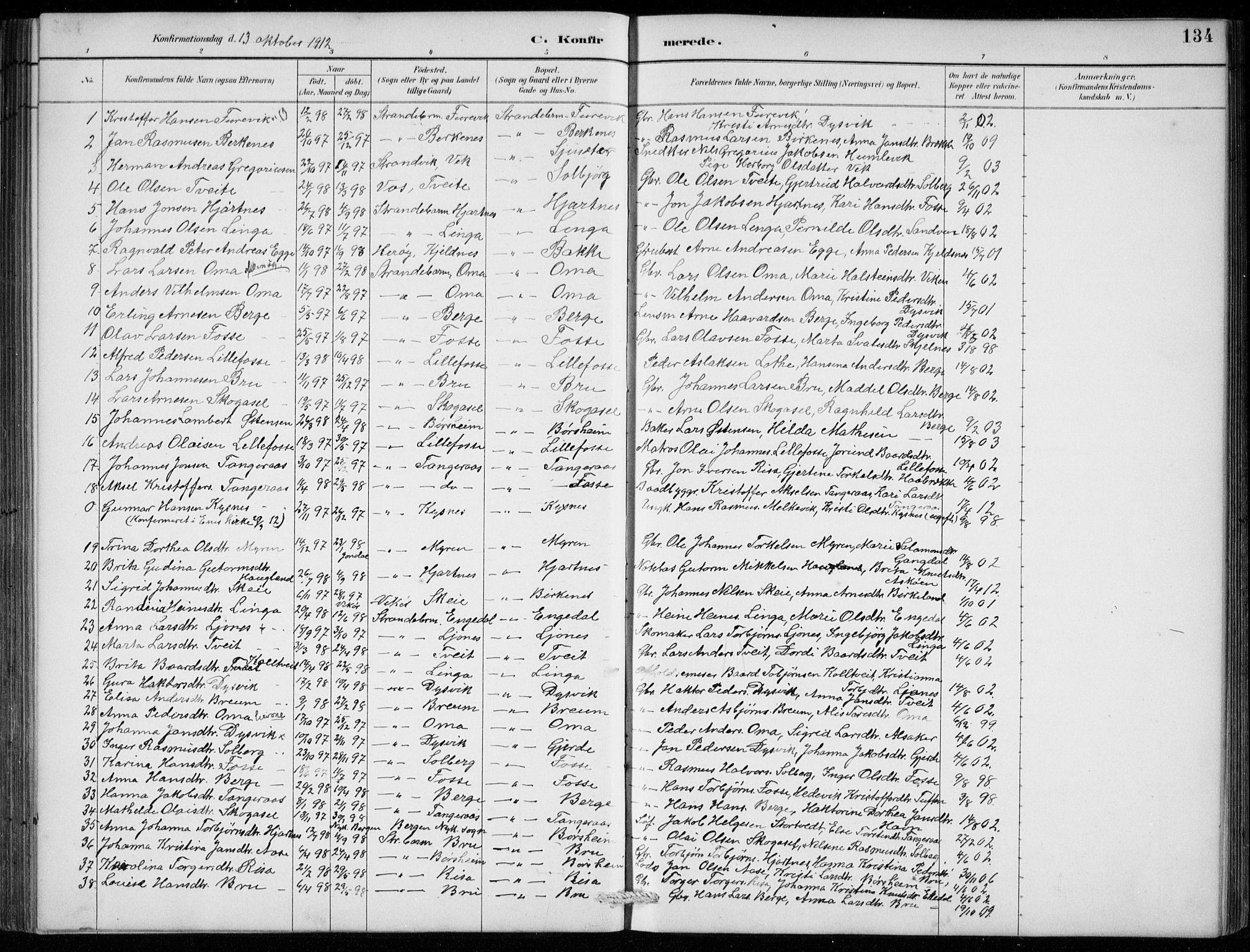 Strandebarm sokneprestembete, AV/SAB-A-78401/H/Hab: Klokkerbok nr. B  1, 1891-1914, s. 134