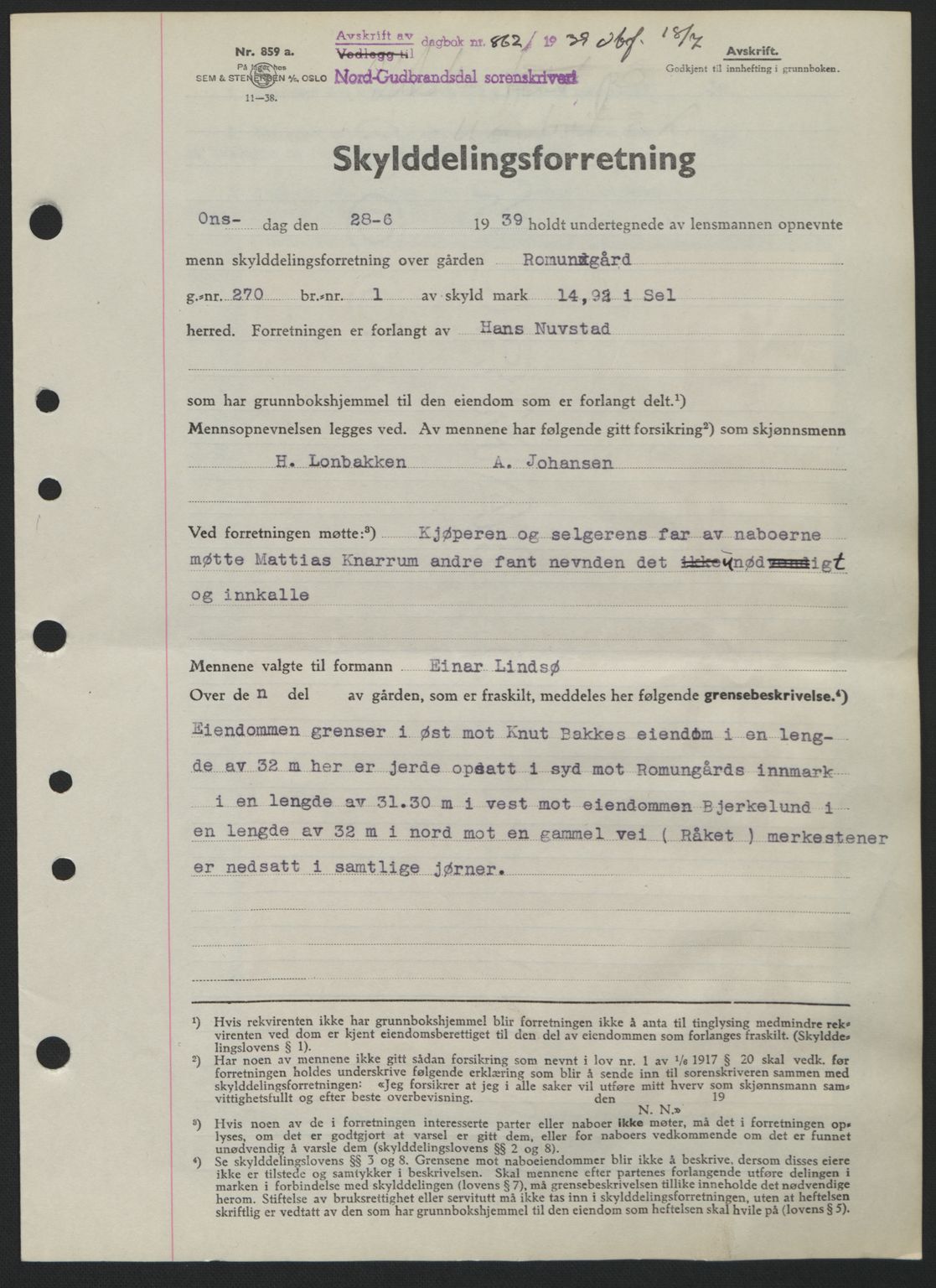 Nord-Gudbrandsdal tingrett, SAH/TING-002/H/Hb/Hbb/L0005: Pantebok nr. FA5, 1939-1940, Dagboknr: 862/1939