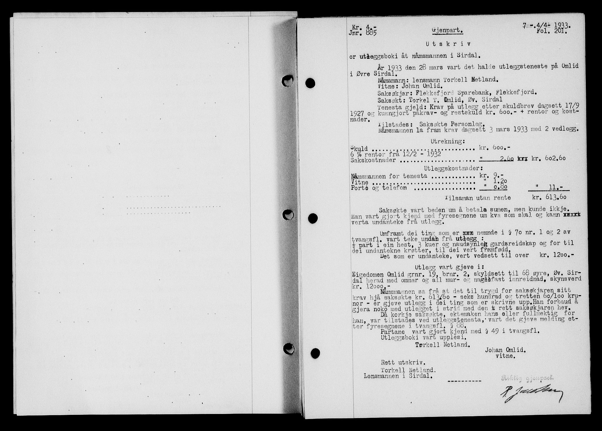 Flekkefjord sorenskriveri, SAK/1221-0001/G/Gb/Gba/L0049: Pantebok nr. 46, 1933-1934, Tingl.dato: 04.04.1933