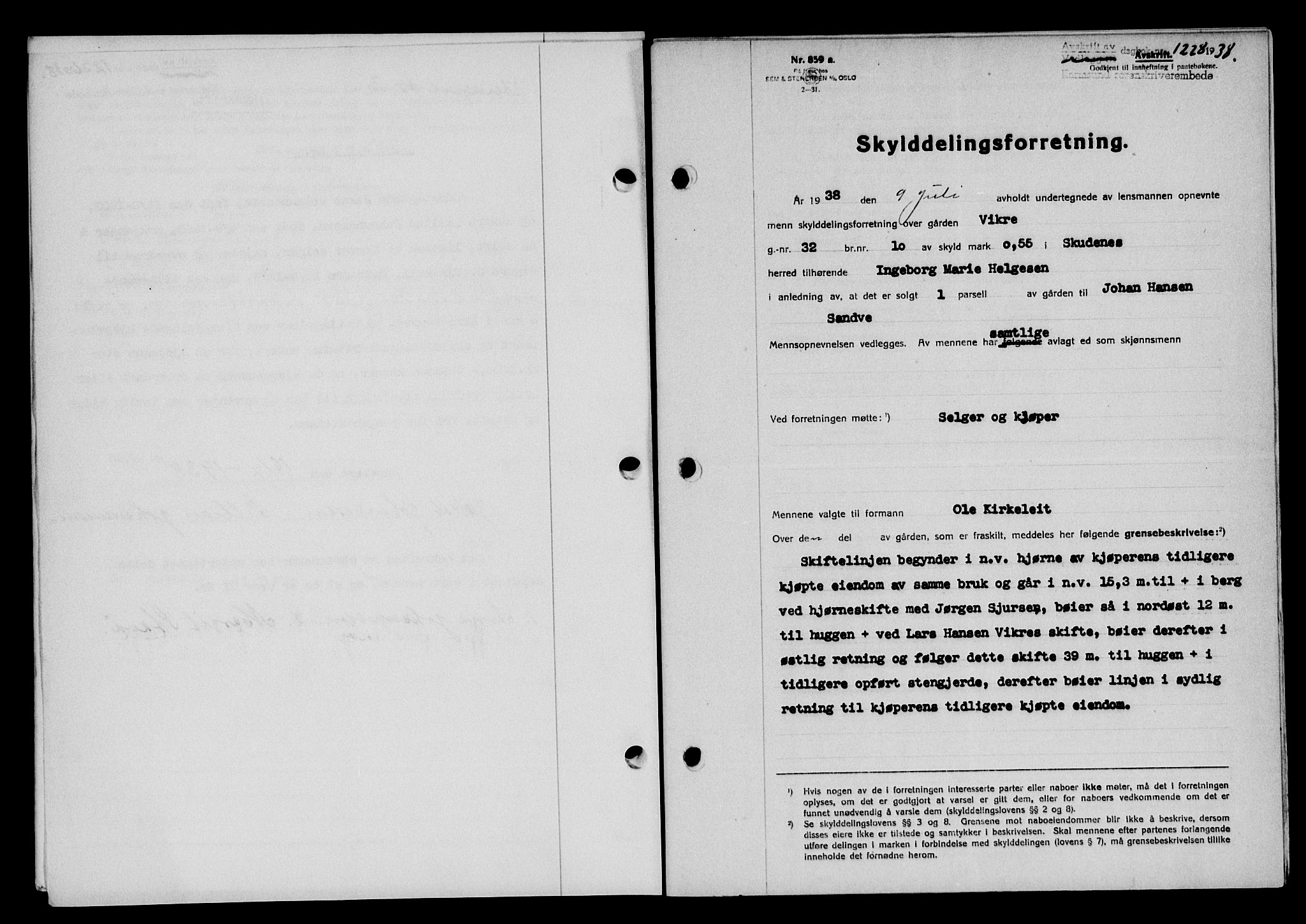 Karmsund sorenskriveri, SAST/A-100311/01/II/IIB/L0069: Pantebok nr. 50A, 1937-1938, Dagboknr: 1228/1938