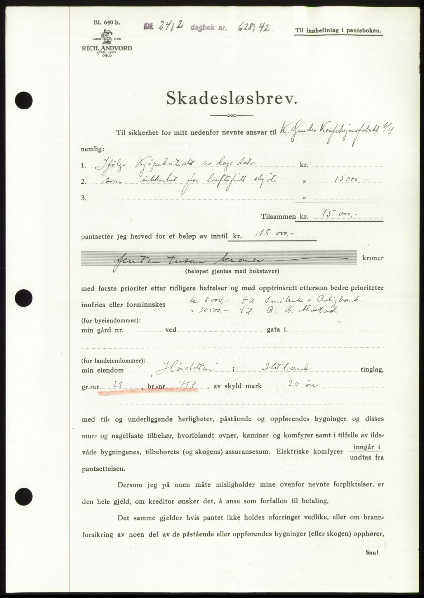 Jæren sorenskriveri, SAST/A-100310/03/G/Gba/L0082: Pantebok, 1942-1942, Dagboknr: 628/1942