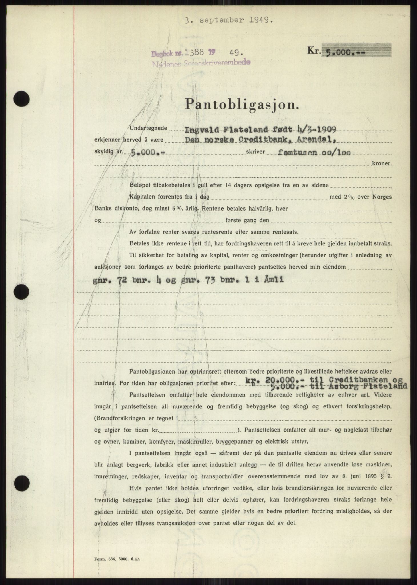 Nedenes sorenskriveri, AV/SAK-1221-0006/G/Gb/Gbb/L0006: Pantebok nr. B6, 1948-1949, Dagboknr: 1388/1949