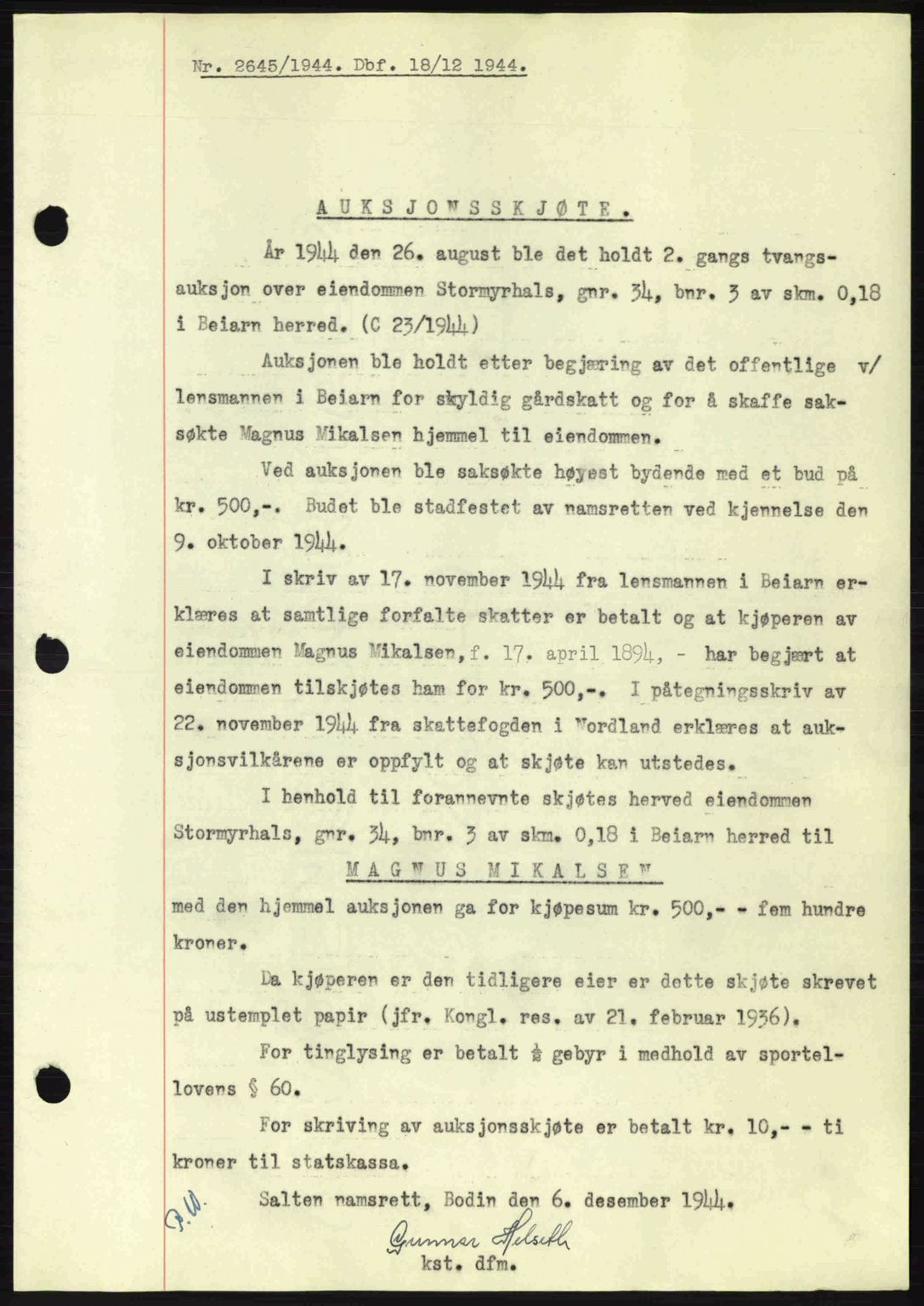 Salten sorenskriveri, SAT/A-4578/1/2/2C: Pantebok nr. A14-15, 1943-1945, Dagboknr: 2645/1944