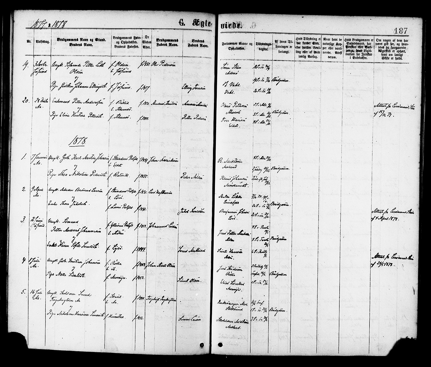Ministerialprotokoller, klokkerbøker og fødselsregistre - Sør-Trøndelag, SAT/A-1456/655/L0679: Ministerialbok nr. 655A08, 1873-1879, s. 187