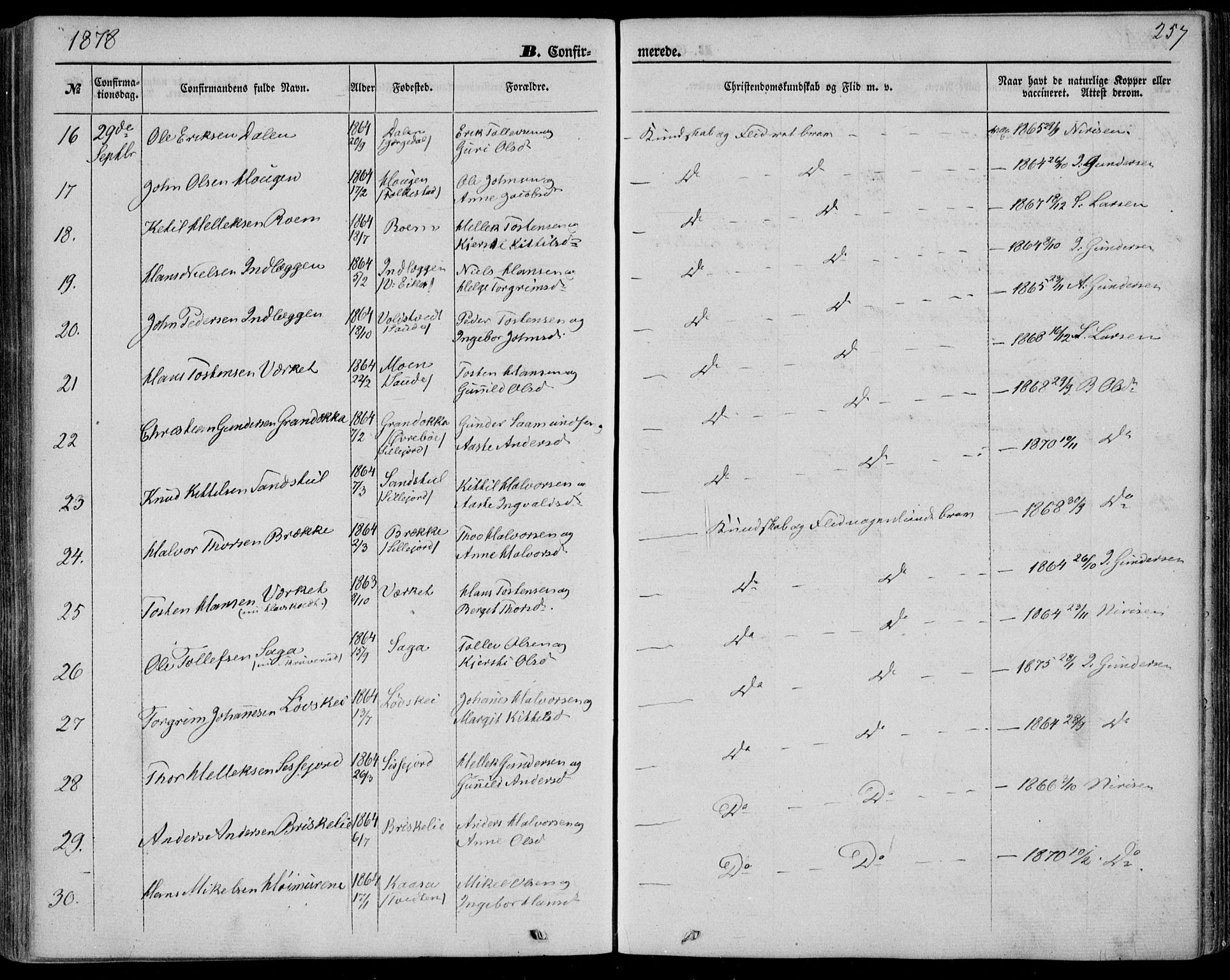 Bø kirkebøker, AV/SAKO-A-257/F/Fa/L0009: Ministerialbok nr. 9, 1862-1879, s. 257