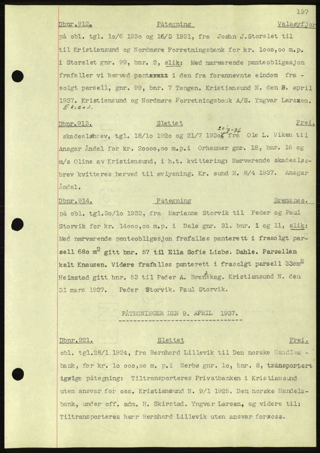 Nordmøre sorenskriveri, SAT/A-4132/1/2/2Ca: Pantebok nr. C80, 1936-1939, Dagboknr: 912/1937