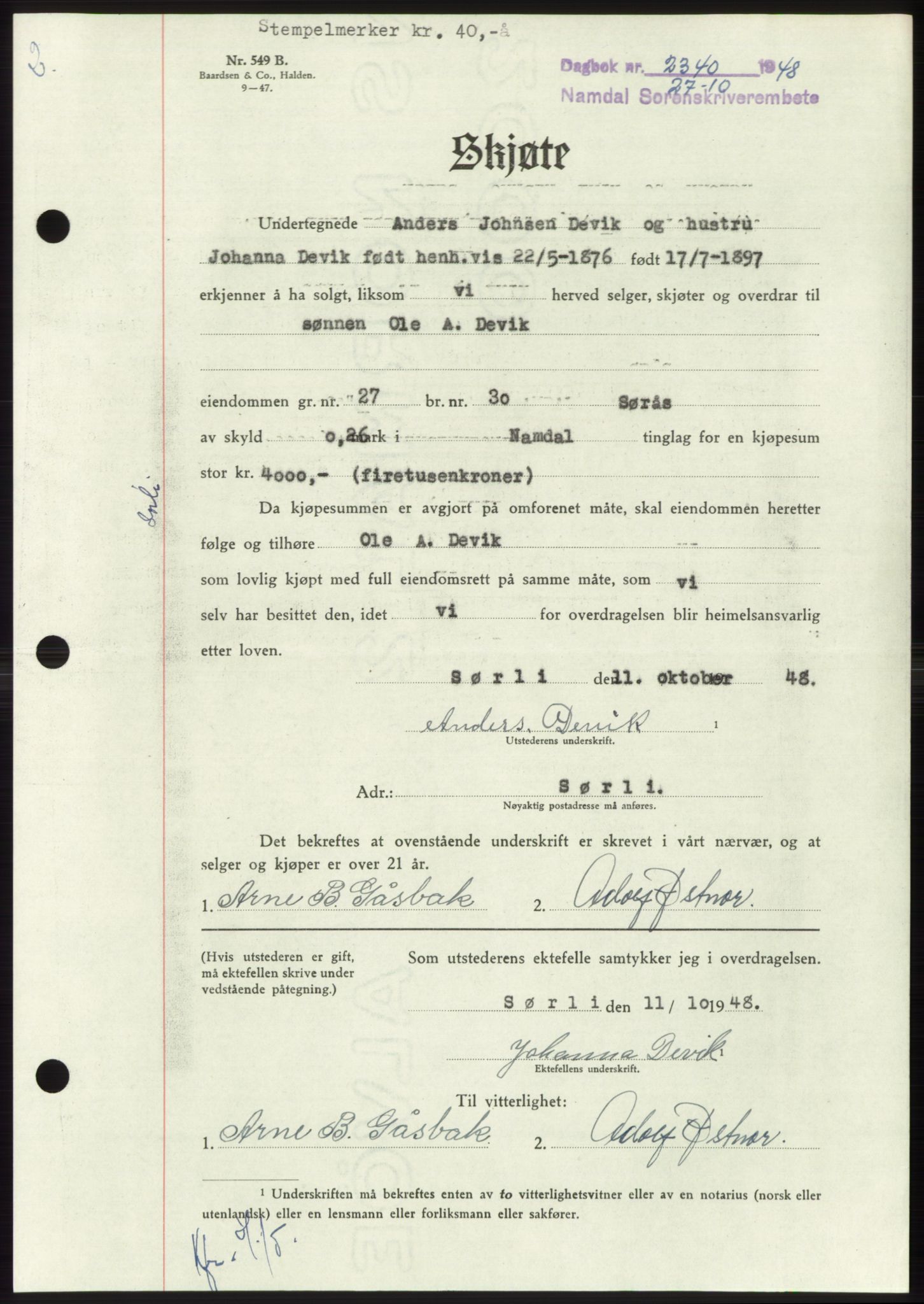 Namdal sorenskriveri, SAT/A-4133/1/2/2C: Pantebok nr. -, 1948-1948, Dagboknr: 2340/1948