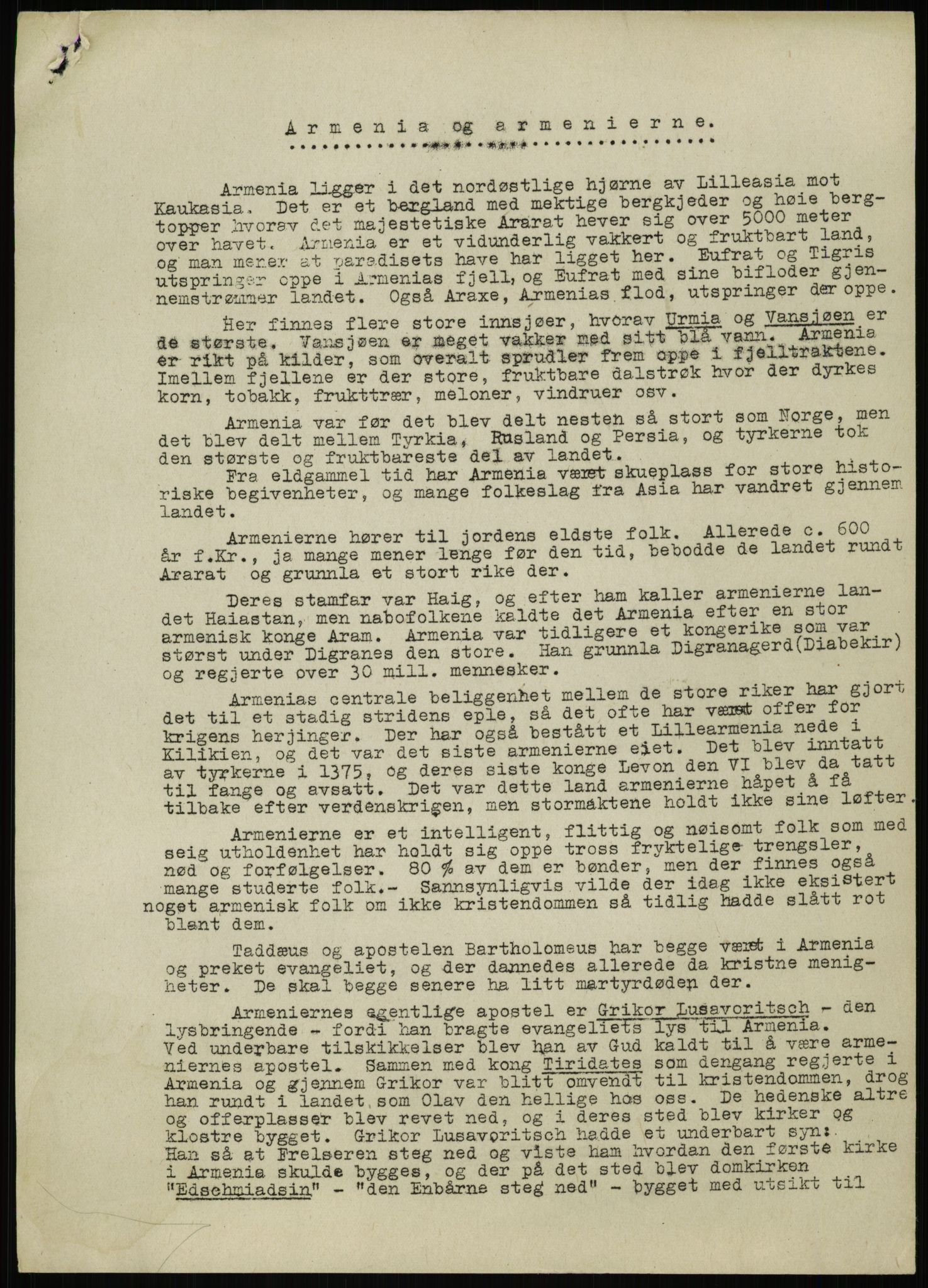 Kvinnelige Misjonsarbeidere, RA/PA-0699/F/Fj/L0032/0005: Diverse / "Armenia og armenierne". Artikkel av Bodil Biørn okt. 1944., 1944, s. 1