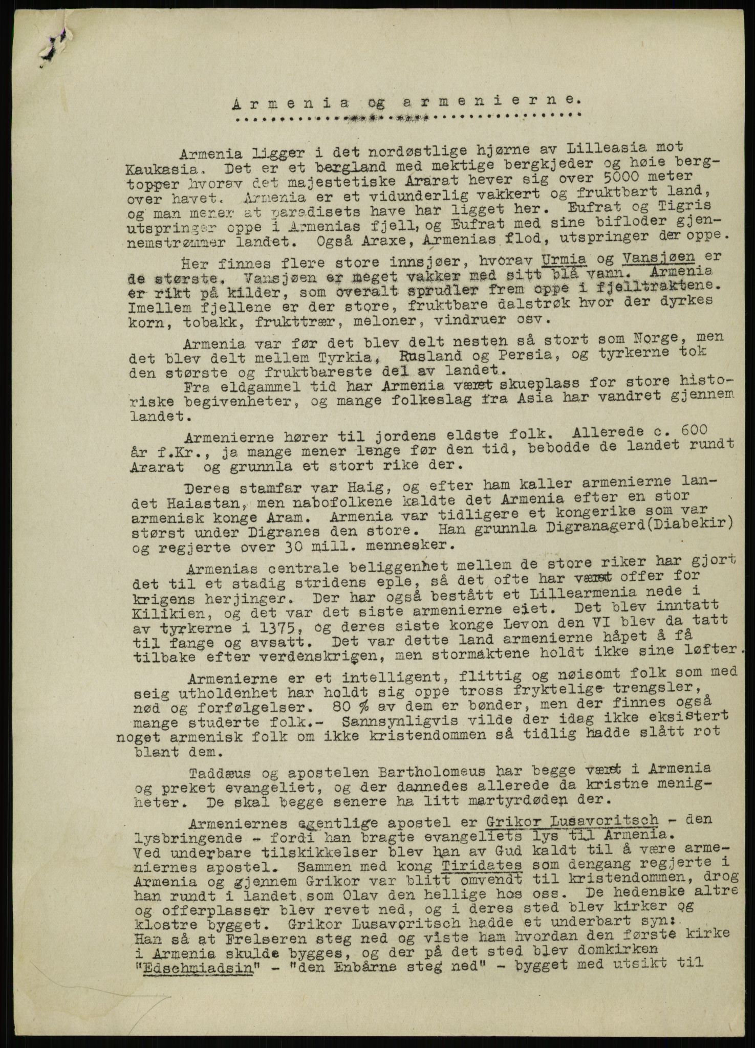 Kvinnelige Misjonsarbeidere, AV/RA-PA-0699/F/Fj/L0032/0005: Diverse / "Armenia og armenierne". Artikkel av Bodil Biørn okt. 1944., 1944, s. 1