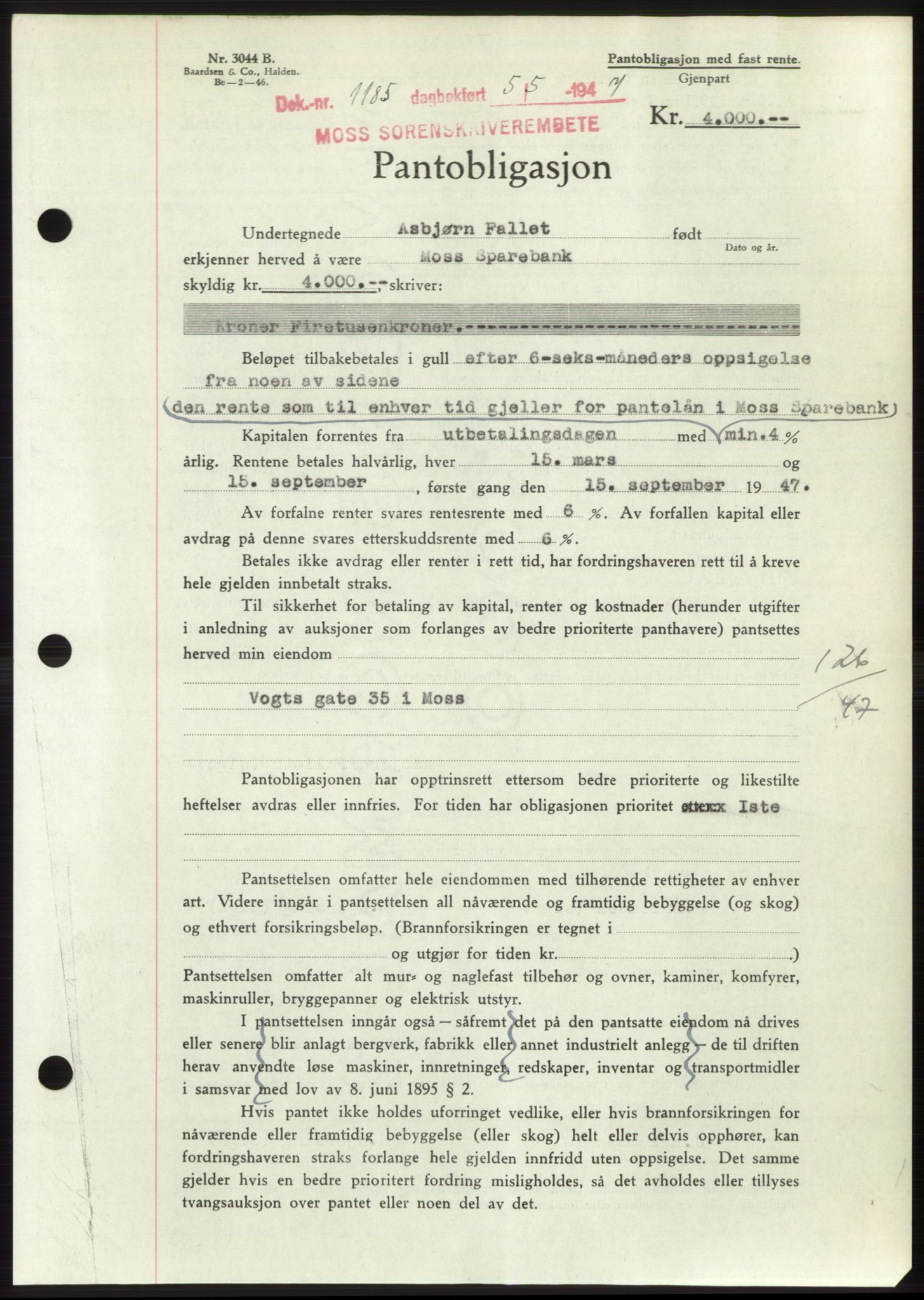 Moss sorenskriveri, SAO/A-10168: Pantebok nr. B17, 1947-1947, Dagboknr: 1185/1947