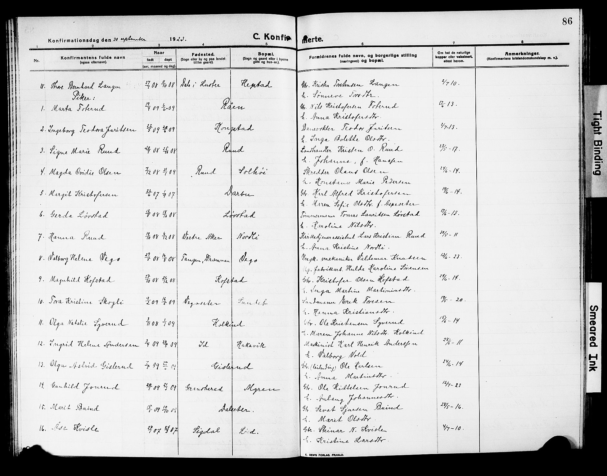 Fiskum kirkebøker, AV/SAKO-A-15/G/Ga/L0006: Klokkerbok nr. 6, 1913-1927, s. 86