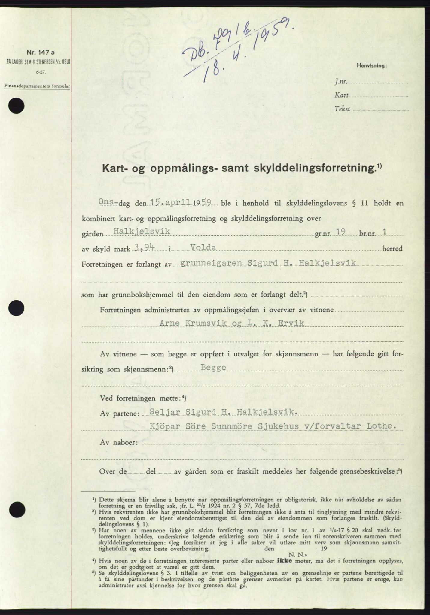 Søre Sunnmøre sorenskriveri, SAT/A-4122/1/2/2C/L0112: Pantebok nr. 38A, 1959-1959, Dagboknr: 791/1959