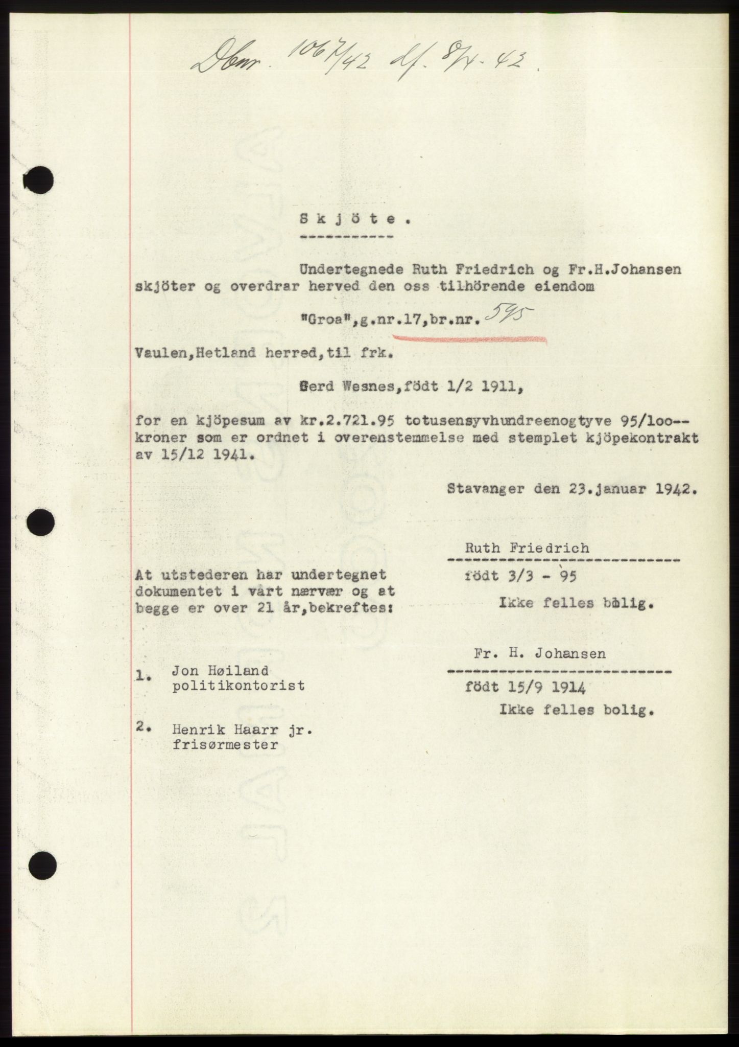 Jæren sorenskriveri, SAST/A-100310/03/G/Gba/L0082: Pantebok, 1942-1942, Dagboknr: 1067/1942