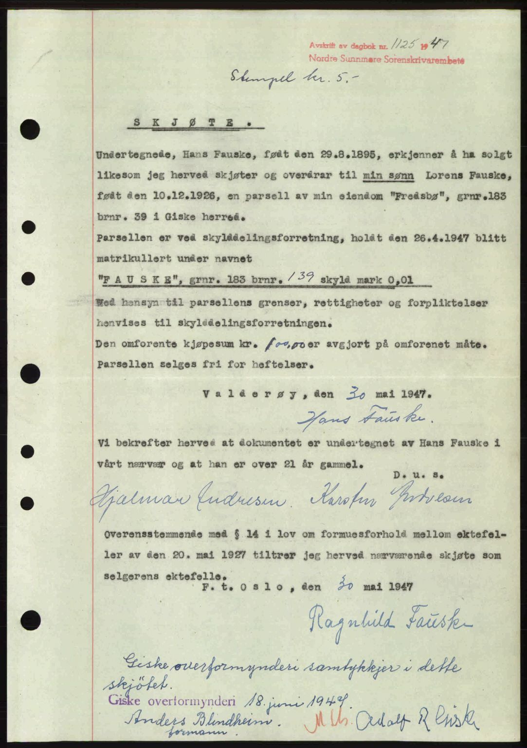 Nordre Sunnmøre sorenskriveri, AV/SAT-A-0006/1/2/2C/2Ca: Pantebok nr. A25, 1947-1947, Dagboknr: 1125/1947