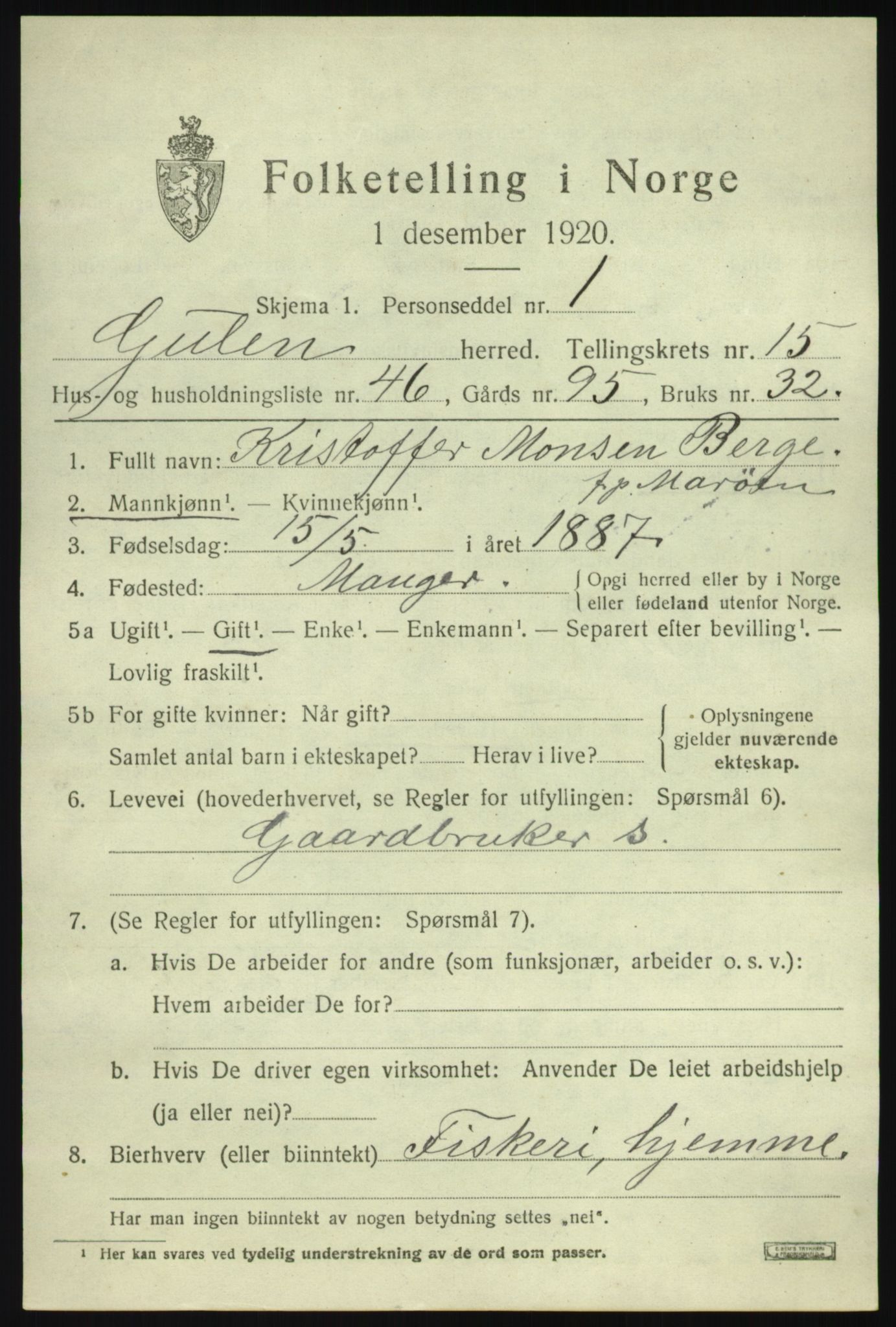 SAB, Folketelling 1920 for 1411 Gulen herred, 1920, s. 6991