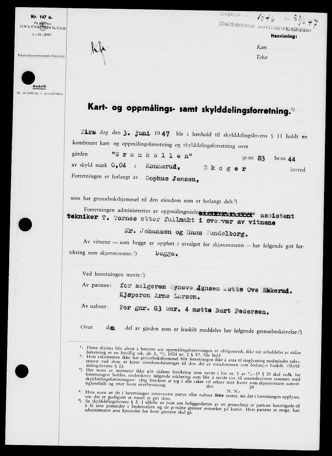 Holmestrand sorenskriveri, SAKO/A-67/G/Ga/Gaa/L0062: Pantebok nr. A-62, 1947-1947, Dagboknr: 1046/1947