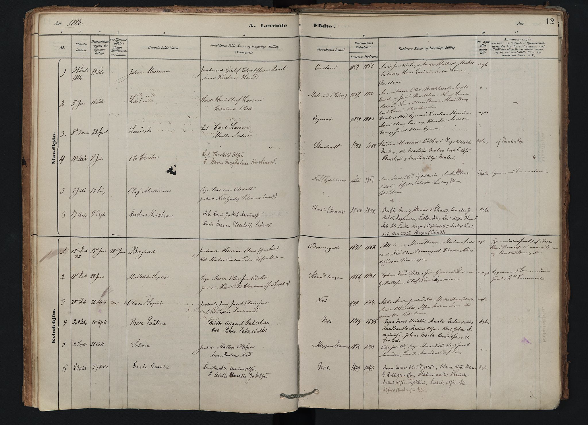 Brunlanes kirkebøker, AV/SAKO-A-342/F/Fd/L0001: Ministerialbok nr. IV 1, 1878-1917, s. 12