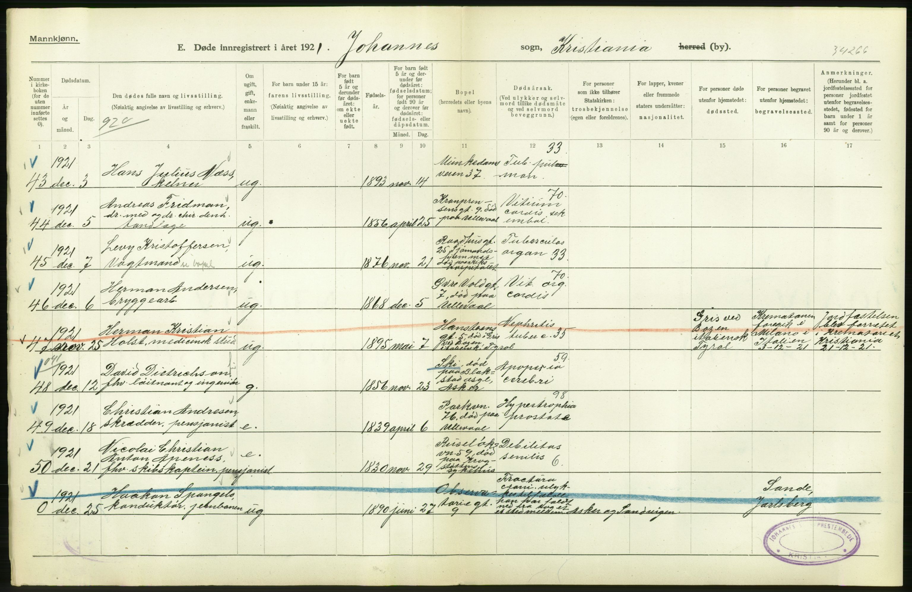 Statistisk sentralbyrå, Sosiodemografiske emner, Befolkning, AV/RA-S-2228/D/Df/Dfc/Dfca/L0012: Kristiania: Døde, 1921, s. 556