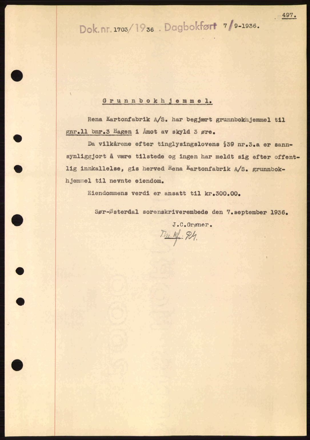 Sør-Østerdal sorenskriveri, SAH/TING-018/H/Hb/Hbb/L0054: Pantebok nr. A54, 1936-1936, Dagboknr: 1703/1936