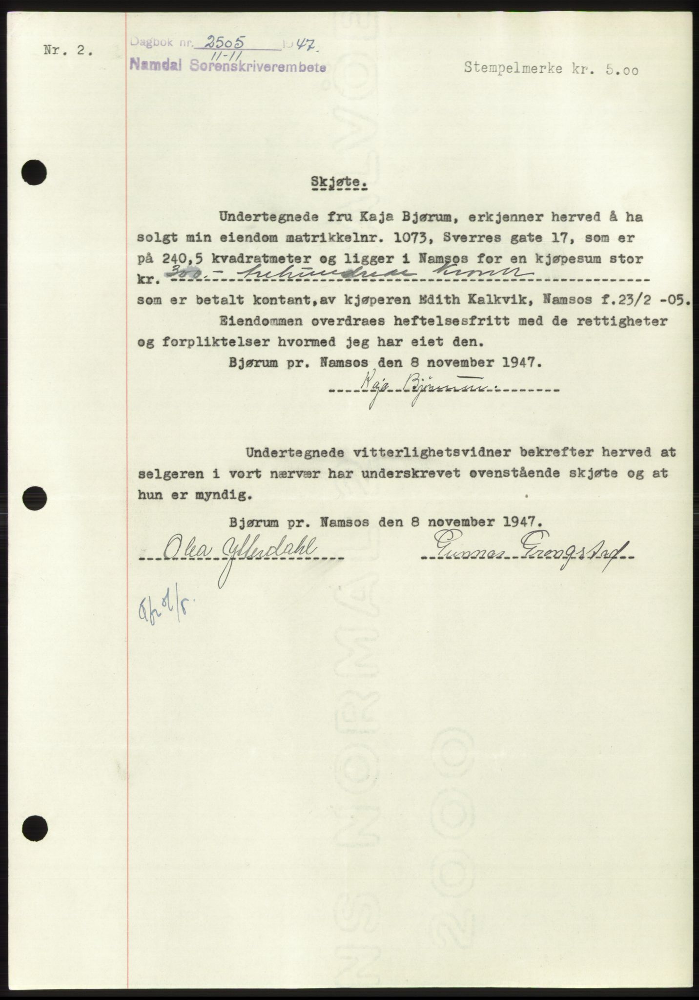 Namdal sorenskriveri, SAT/A-4133/1/2/2C: Pantebok nr. -, 1947-1948, Dagboknr: 2505/1947