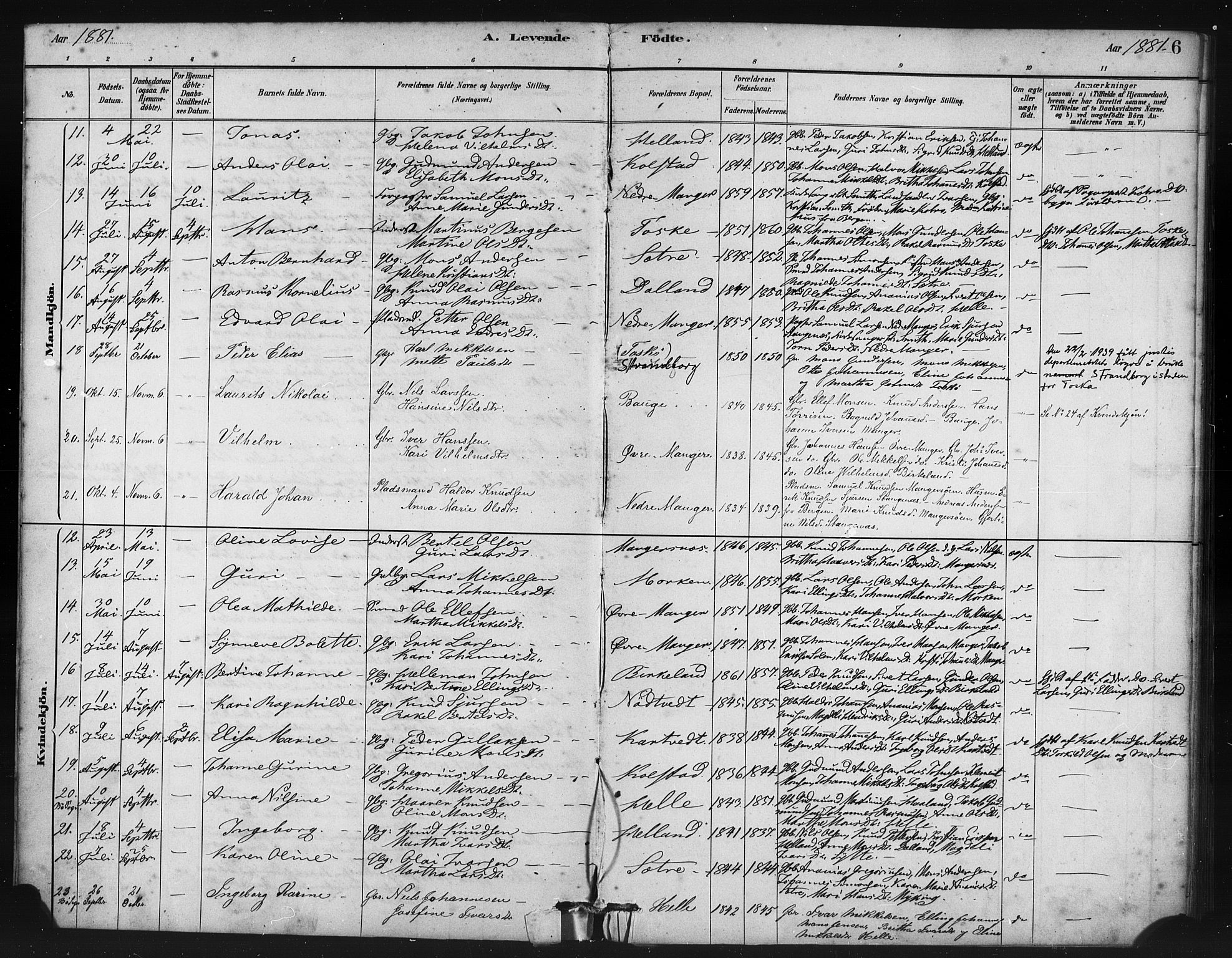 Manger sokneprestembete, AV/SAB-A-76801/H/Haa: Ministerialbok nr. B 1, 1881-1892, s. 6