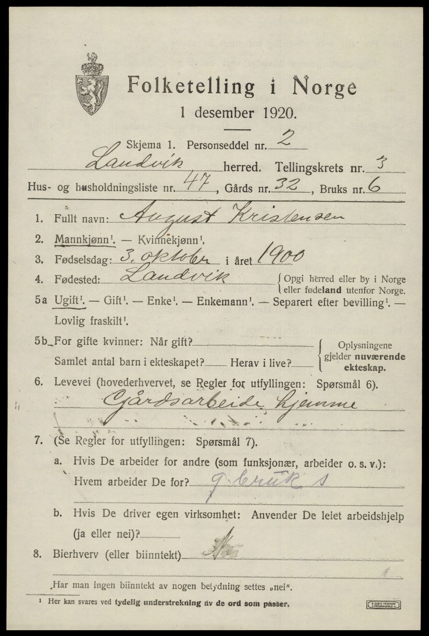 SAK, Folketelling 1920 for 0924 Landvik herred, 1920, s. 3344