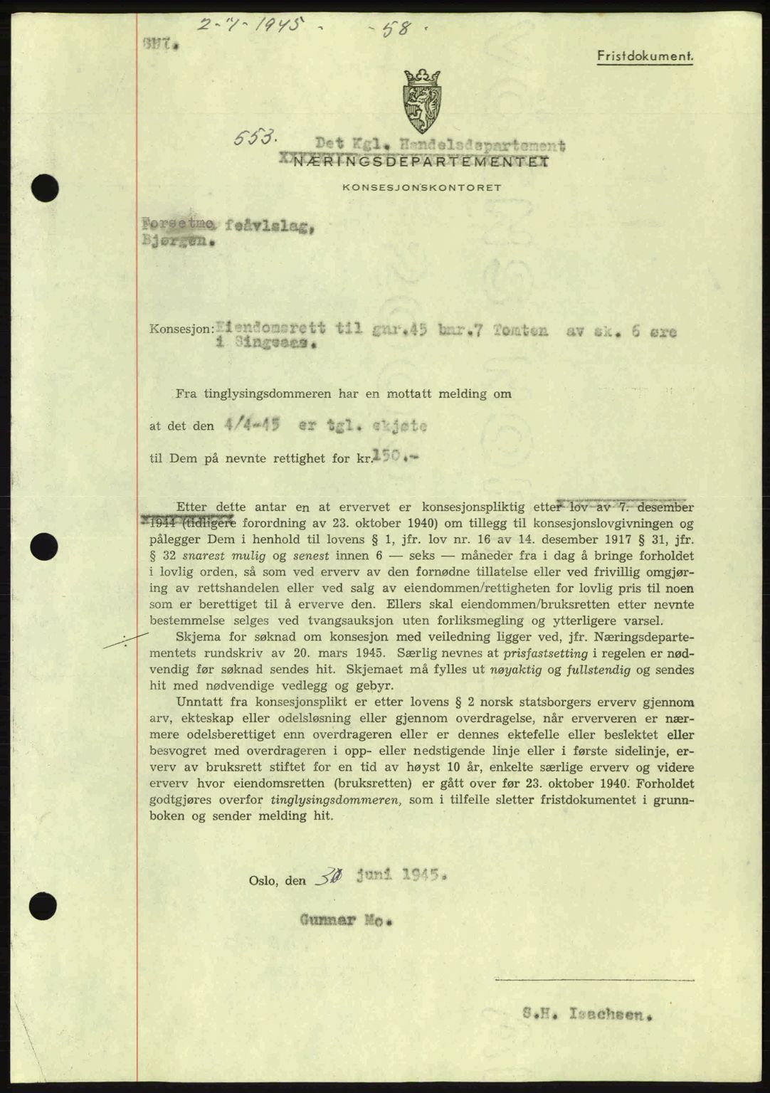 Gauldal sorenskriveri, SAT/A-0014/1/2/2C: Pantebok nr. A1a, 1945-1945, Dagboknr: 553/1945