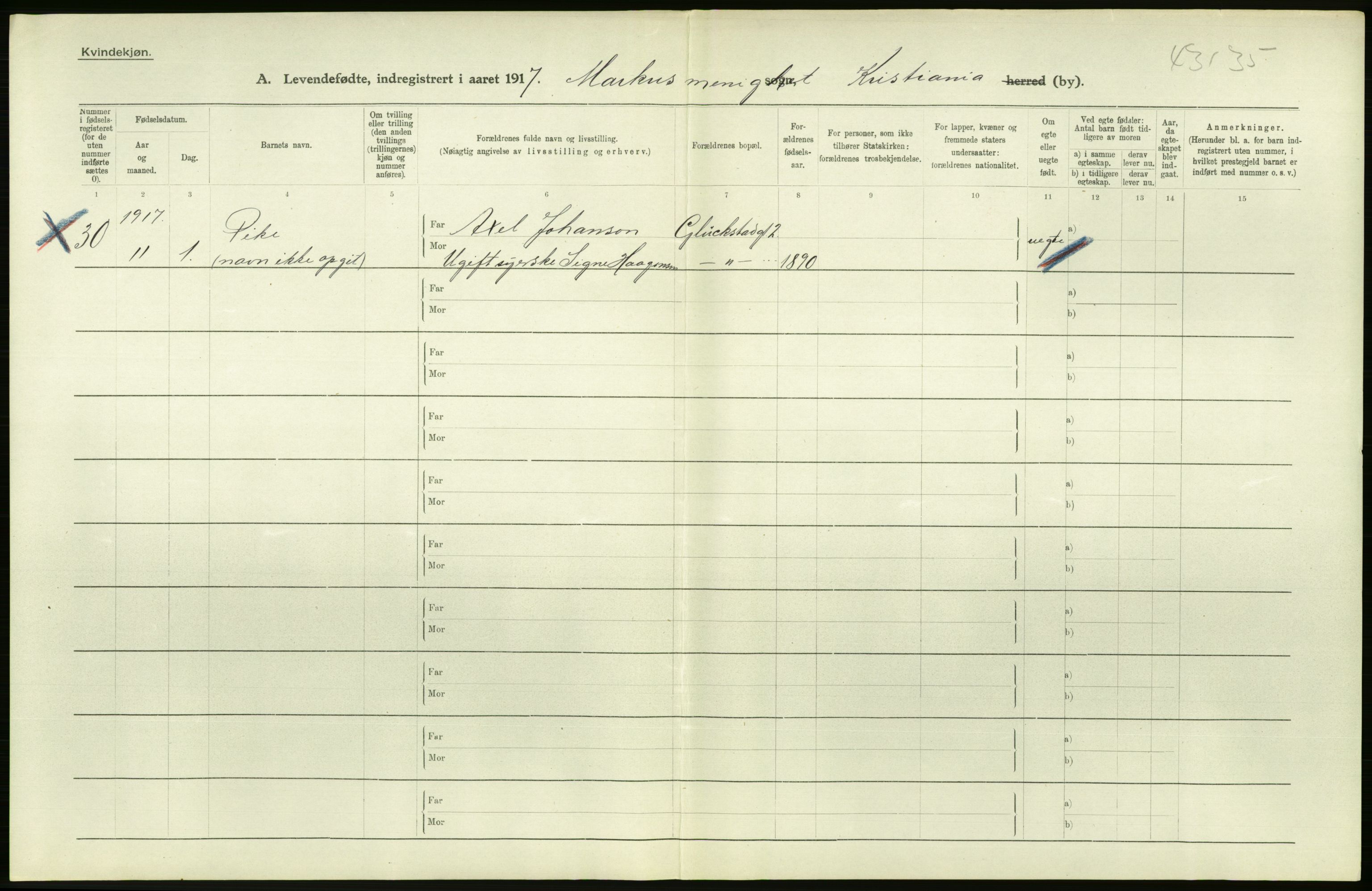 Statistisk sentralbyrå, Sosiodemografiske emner, Befolkning, RA/S-2228/D/Df/Dfb/Dfbg/L0007: Kristiania: Levendefødte menn og kvinner., 1917, s. 218