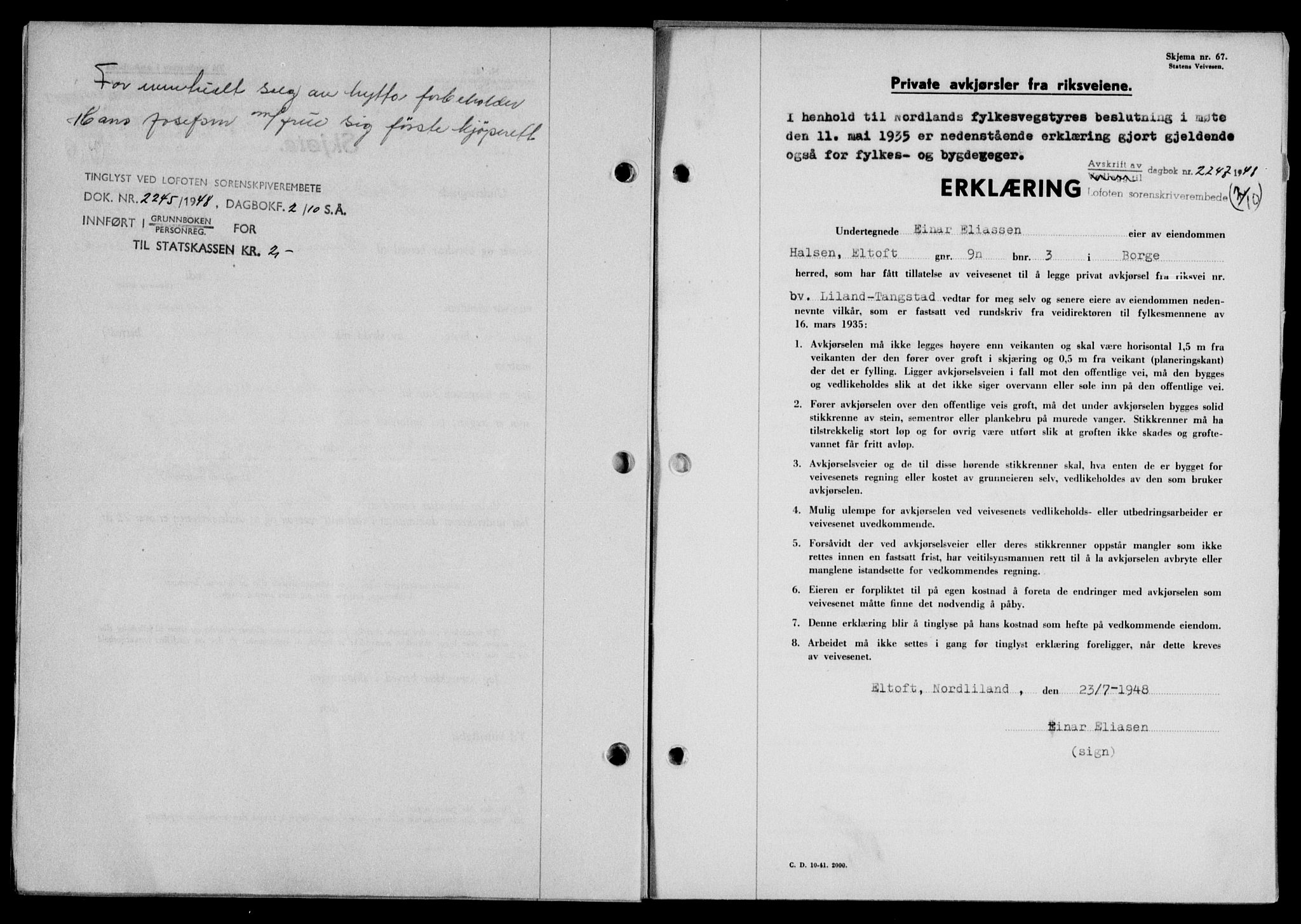 Lofoten sorenskriveri, SAT/A-0017/1/2/2C/L0019a: Pantebok nr. 19a, 1948-1948, Dagboknr: 2247/1948