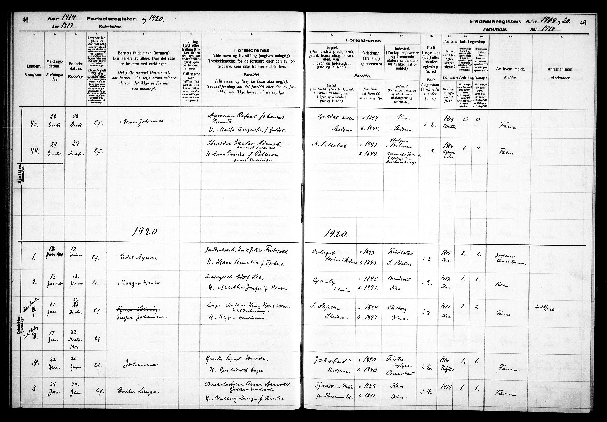 Skedsmo prestekontor Kirkebøker, SAO/A-10033a/J/Ja/L0001: Fødselsregister nr. I 1, 1916-1931, s. 46