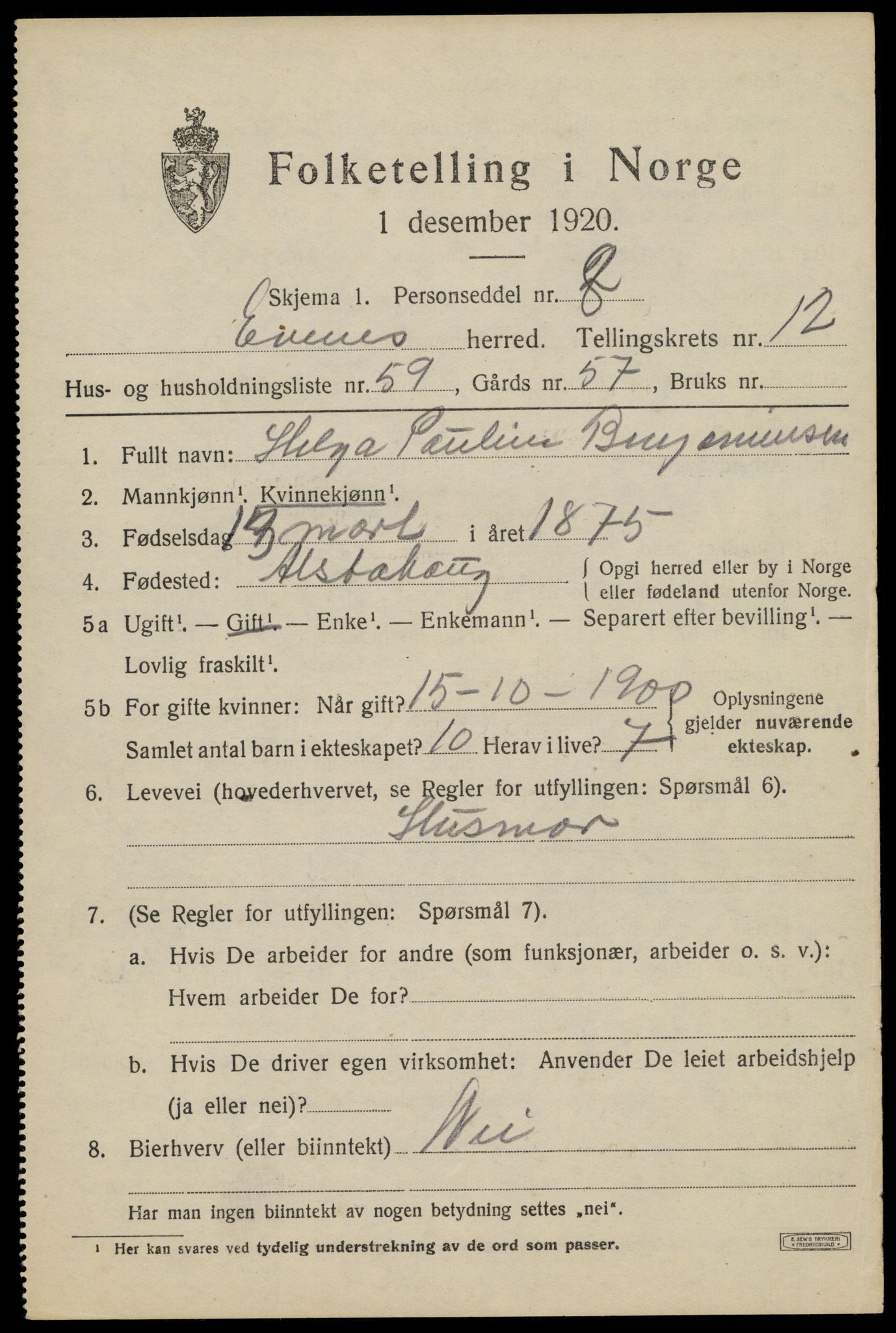 SAT, Folketelling 1920 for 1853 Evenes herred, 1920, s. 11834