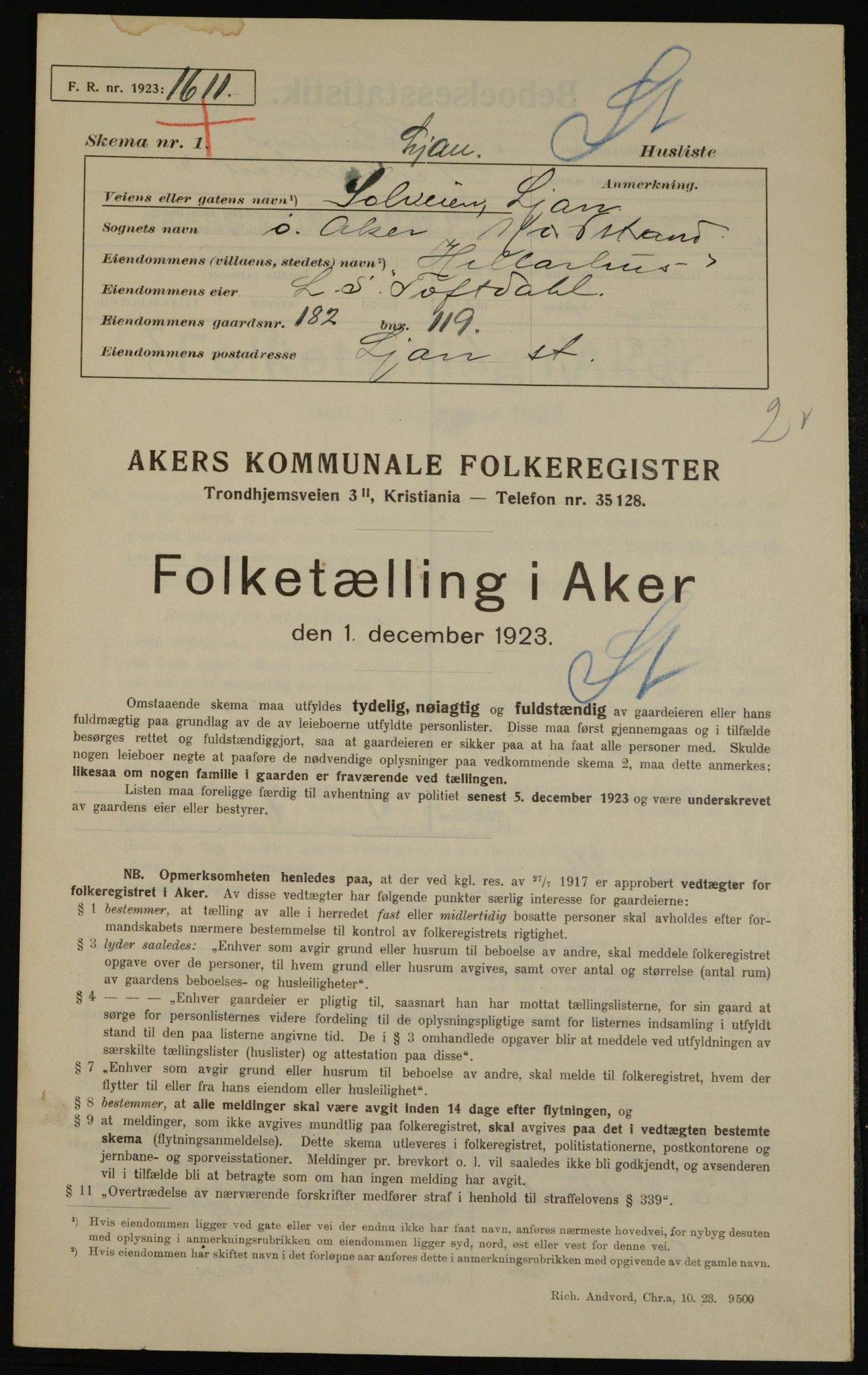 , Kommunal folketelling 1.12.1923 for Aker, 1923, s. 45779