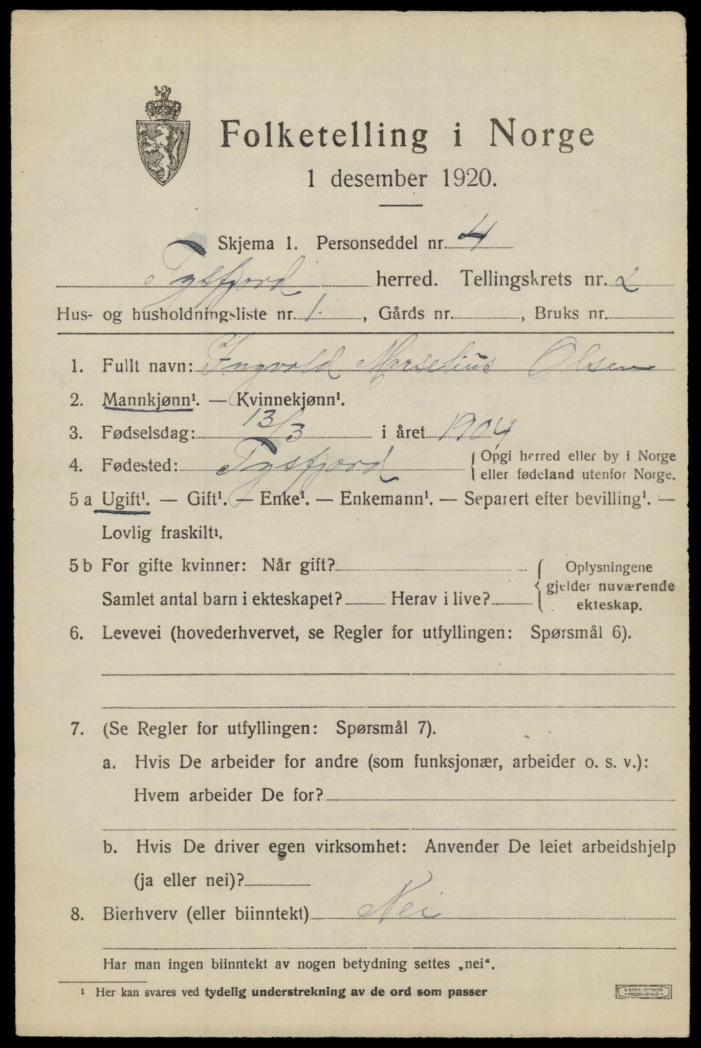 SAT, Folketelling 1920 for 1850 Tysfjord herred, 1920, s. 1233