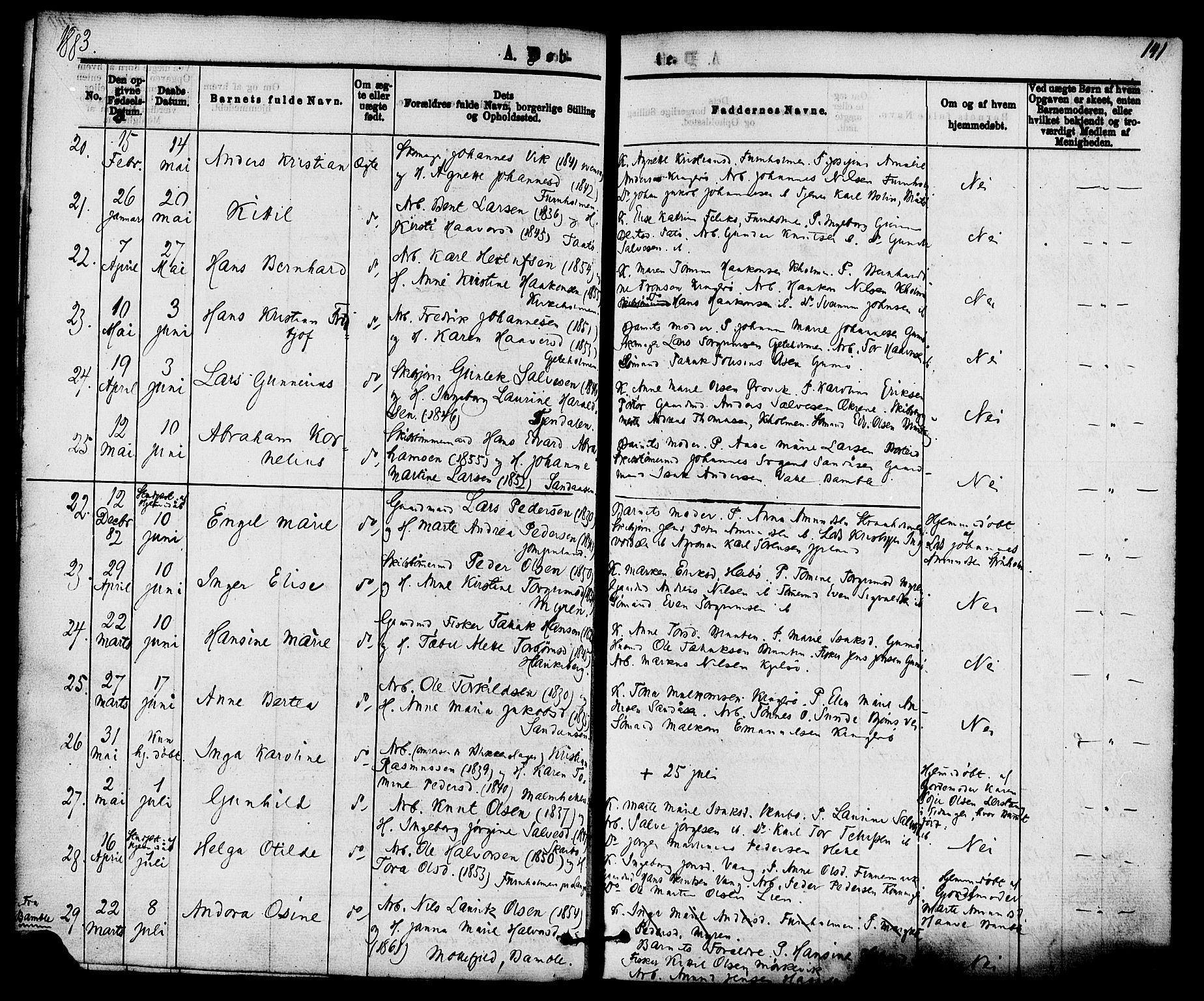 Skåtøy kirkebøker, AV/SAKO-A-304/F/Fa/L0001: Ministerialbok nr. I 1, 1874-1883, s. 141