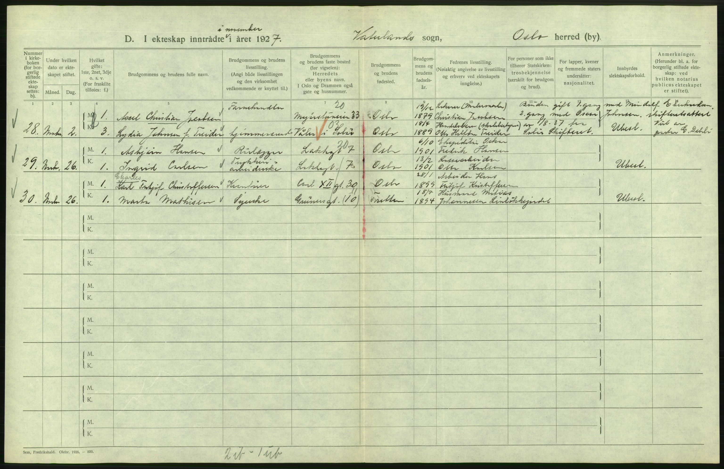 Statistisk sentralbyrå, Sosiodemografiske emner, Befolkning, AV/RA-S-2228/D/Df/Dfc/Dfcg/L0008: Oslo: Gifte, 1927, s. 692