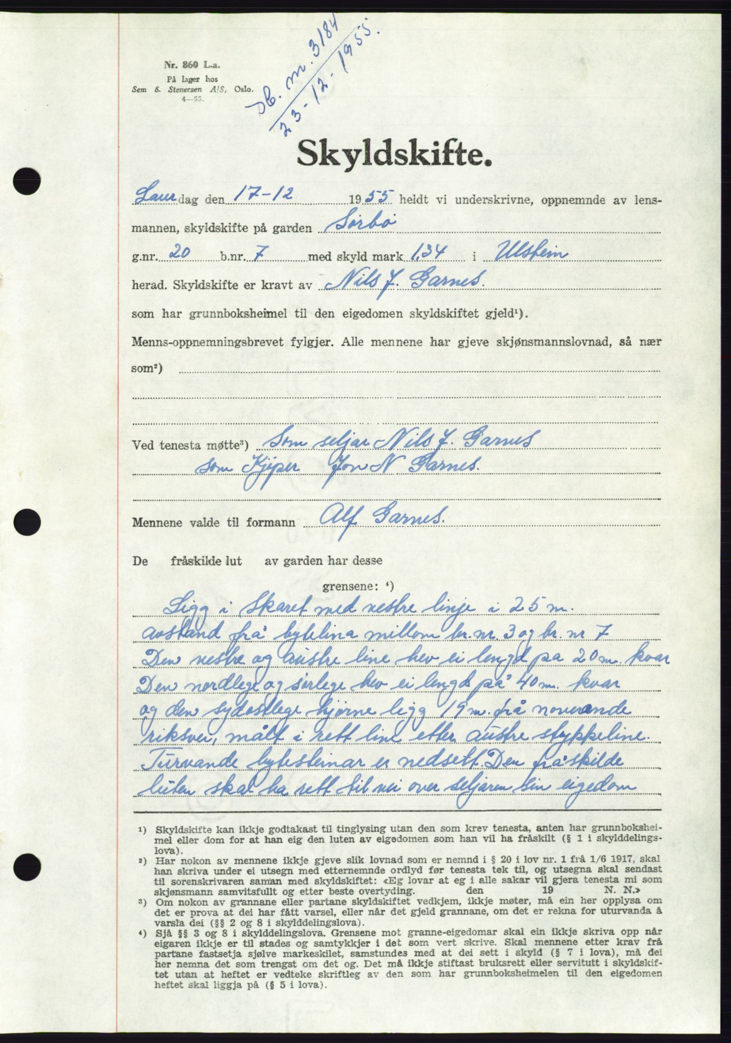 Søre Sunnmøre sorenskriveri, AV/SAT-A-4122/1/2/2C/L0102: Pantebok nr. 28A, 1955-1956, Dagboknr: 3184/1955