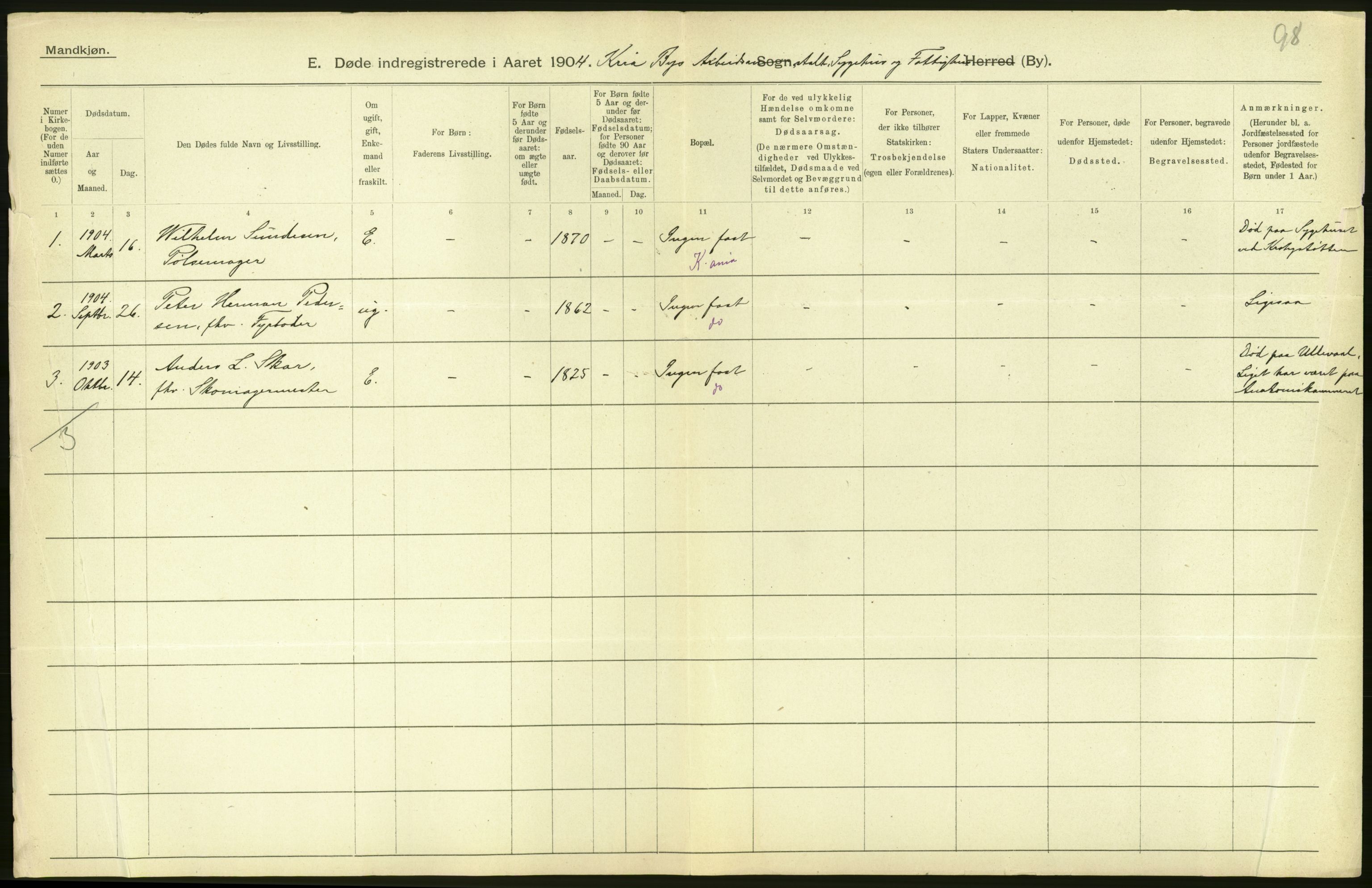 Statistisk sentralbyrå, Sosiodemografiske emner, Befolkning, AV/RA-S-2228/D/Df/Dfa/Dfab/L0004: Kristiania: Gifte, døde, 1904, s. 450