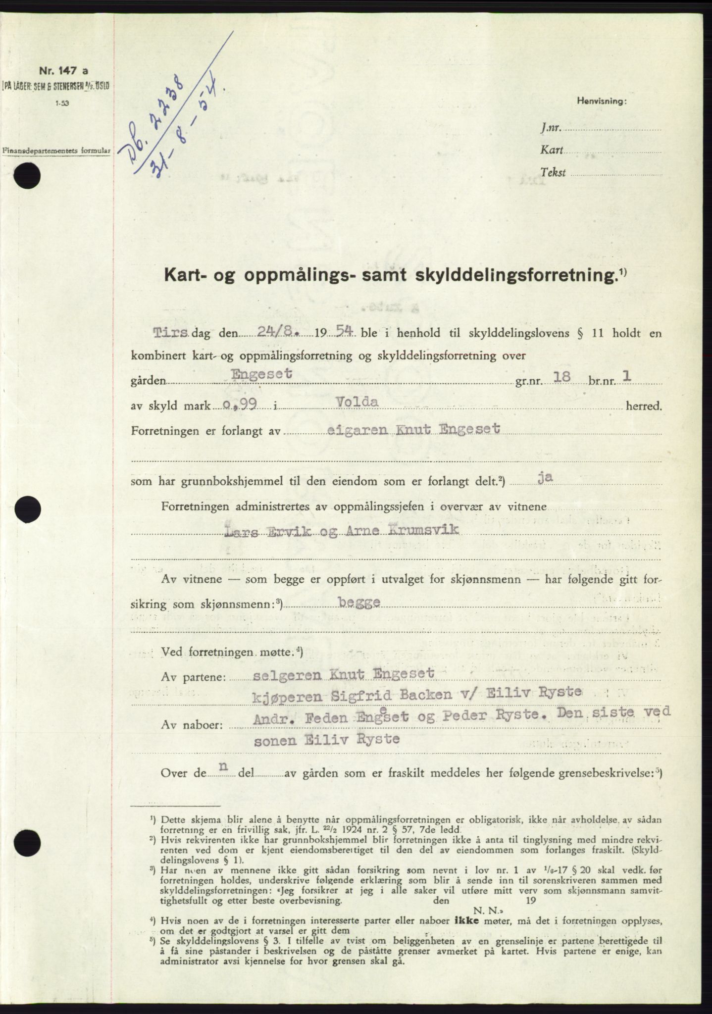 Søre Sunnmøre sorenskriveri, SAT/A-4122/1/2/2C/L0098: Pantebok nr. 24A, 1954-1954, Dagboknr: 2238/1954