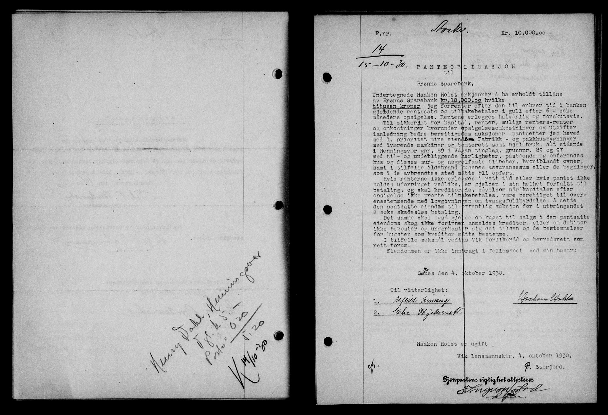 Lofoten sorenskriveri, SAT/A-0017/1/2/2C/L0022b: Pantebok nr. 22b, 1930-1930, Tingl.dato: 15.10.1930