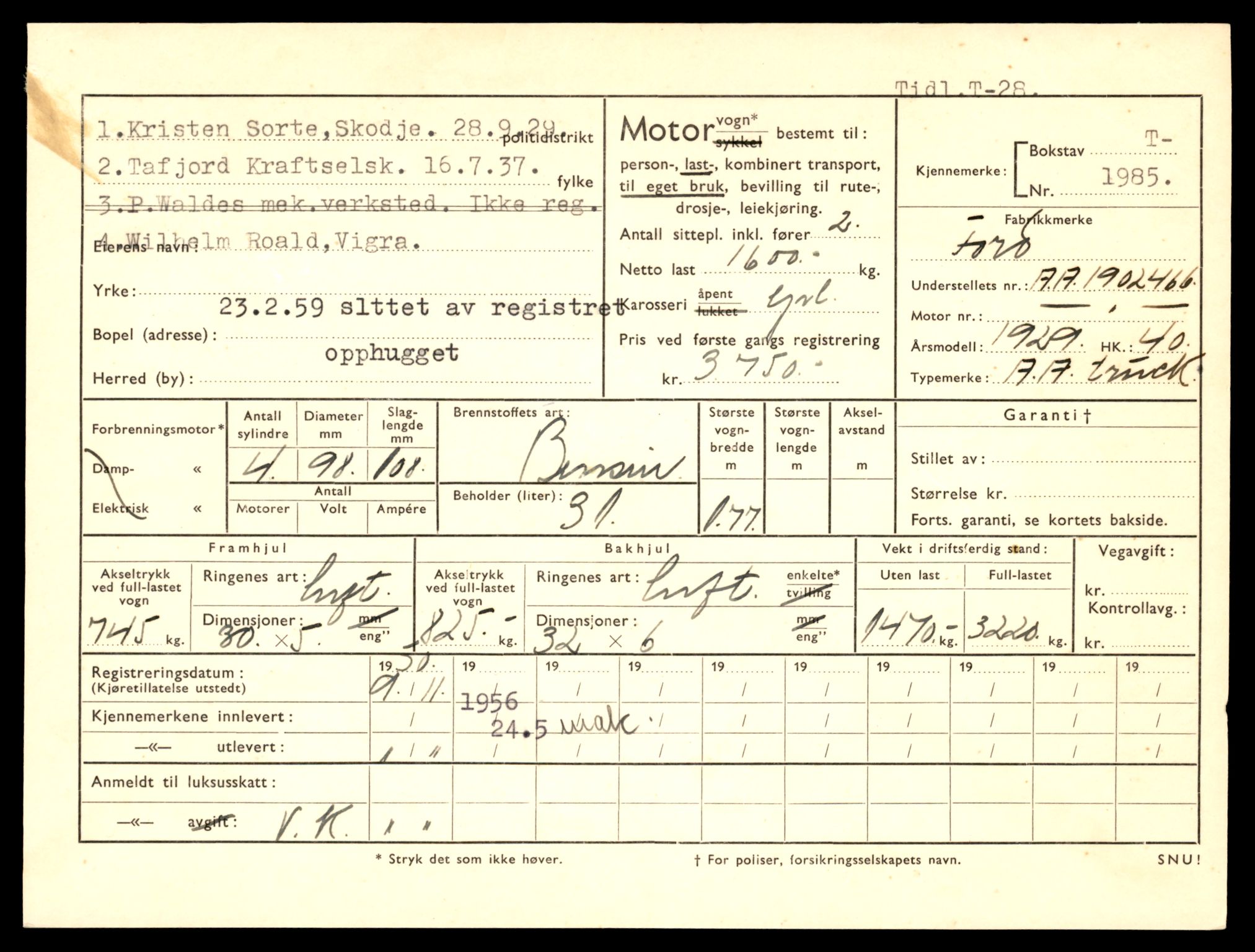Møre og Romsdal vegkontor - Ålesund trafikkstasjon, AV/SAT-A-4099/F/Fe/L0017: Registreringskort for kjøretøy T 1985 - T 10090, 1927-1998, s. 3