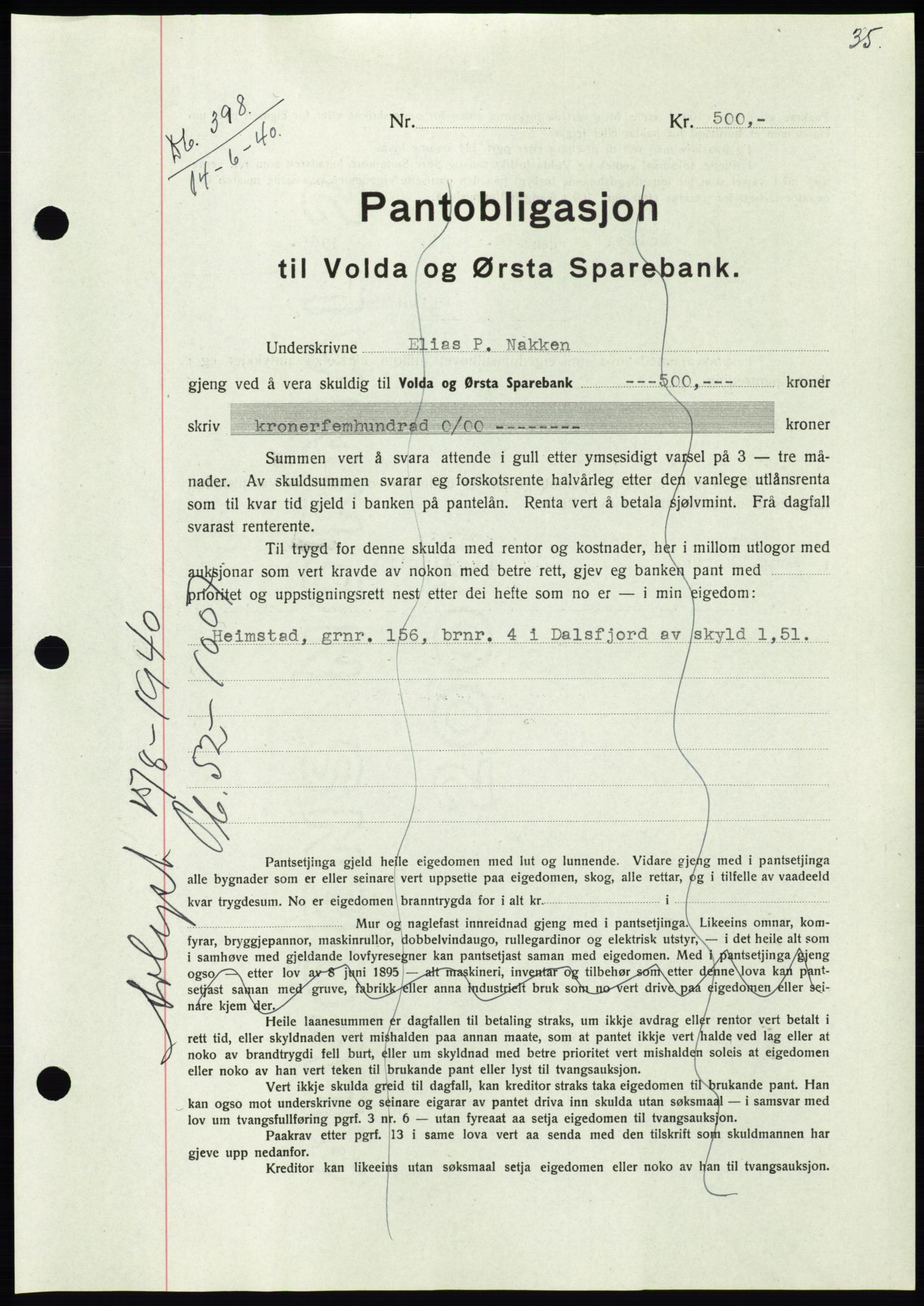 Søre Sunnmøre sorenskriveri, SAT/A-4122/1/2/2C/L0070: Pantebok nr. 64, 1940-1941, Dagboknr: 398/1940