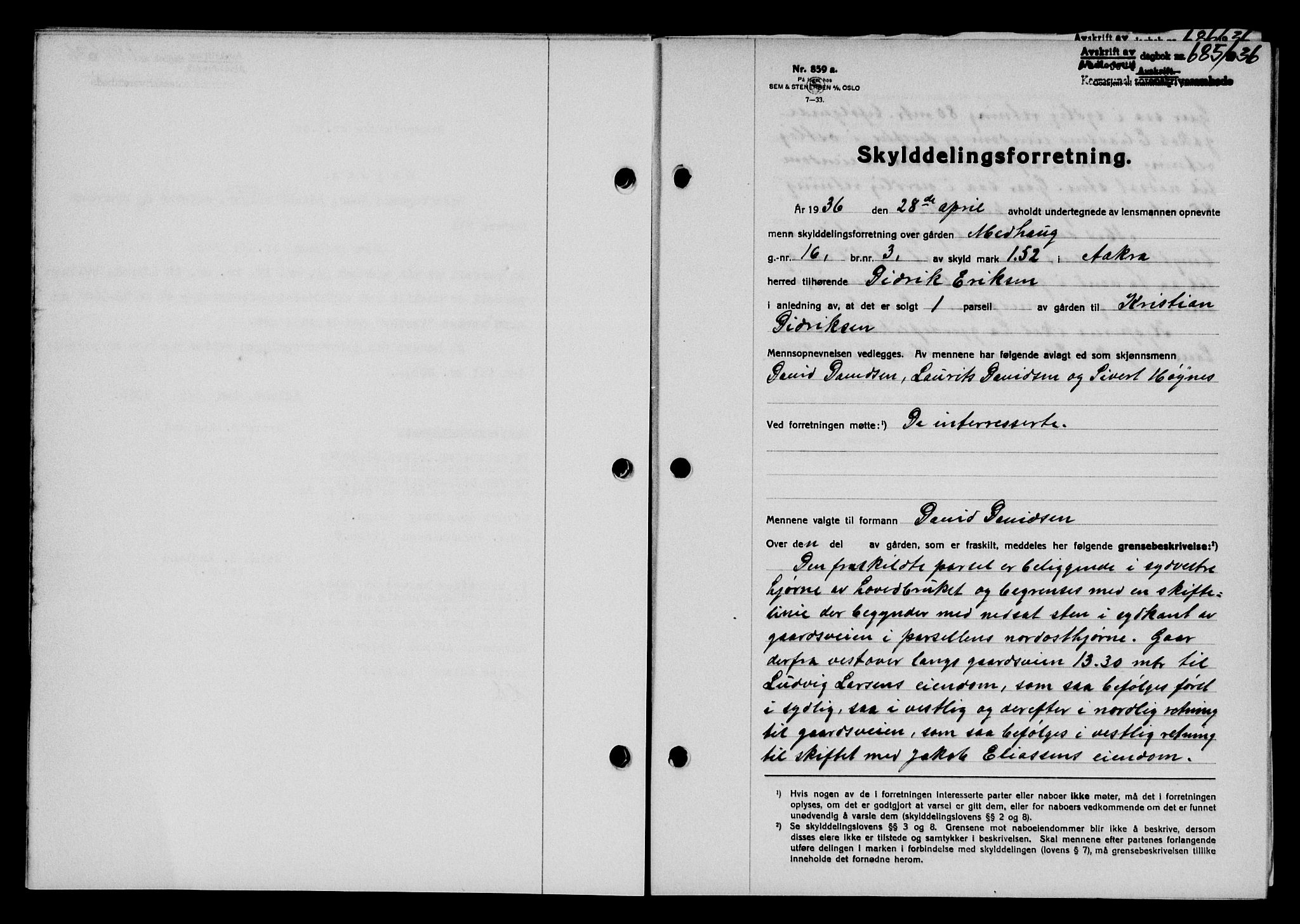 Karmsund sorenskriveri, SAST/A-100311/01/II/IIB/L0066: Pantebok nr. 47A, 1936-1936, Dagboknr: 685/1936