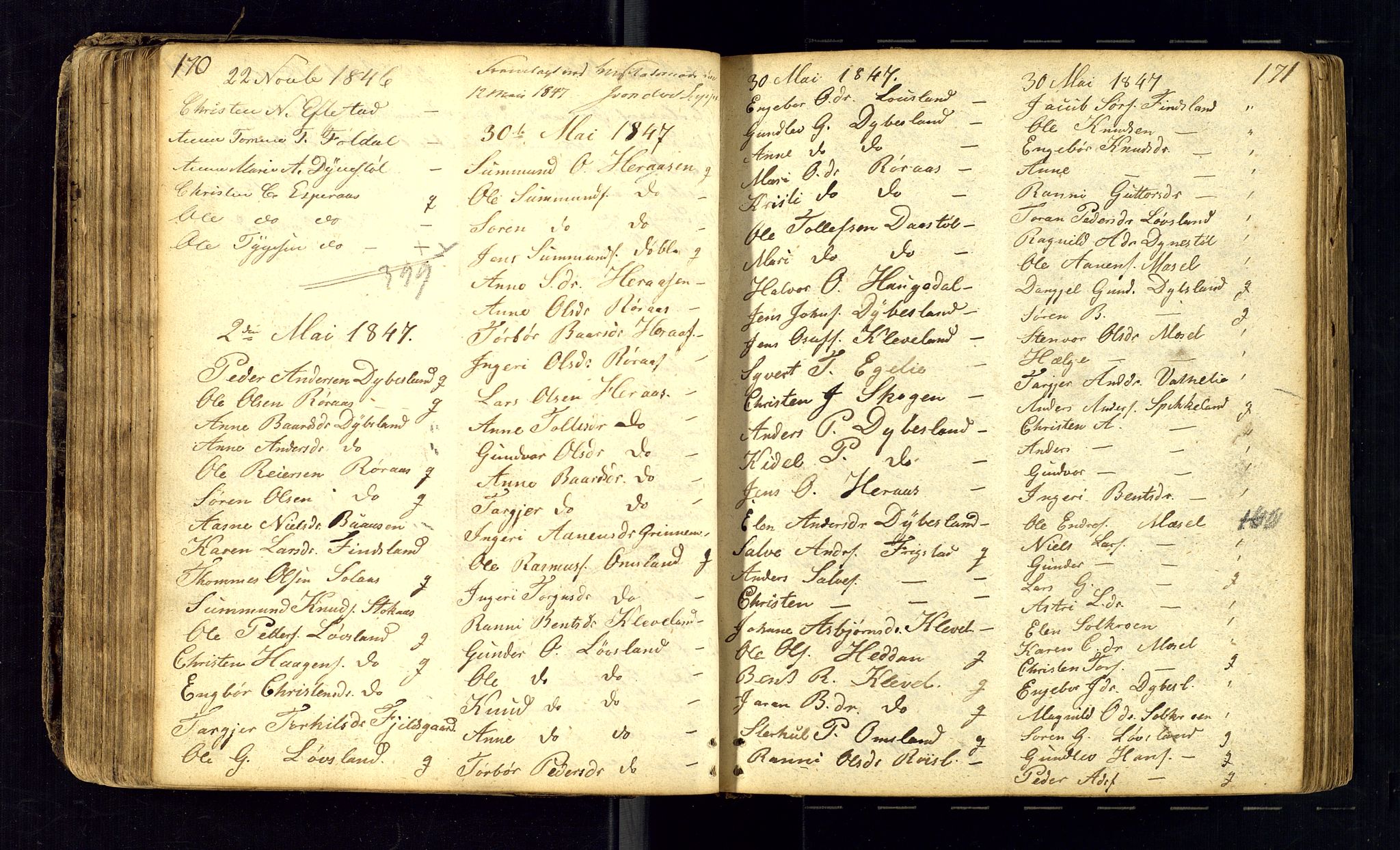 Bjelland sokneprestkontor, AV/SAK-1111-0005/F/Fc/Fcb/L0001: Kommunikantprotokoll nr. C-1, 1827-1906, s. 170-171