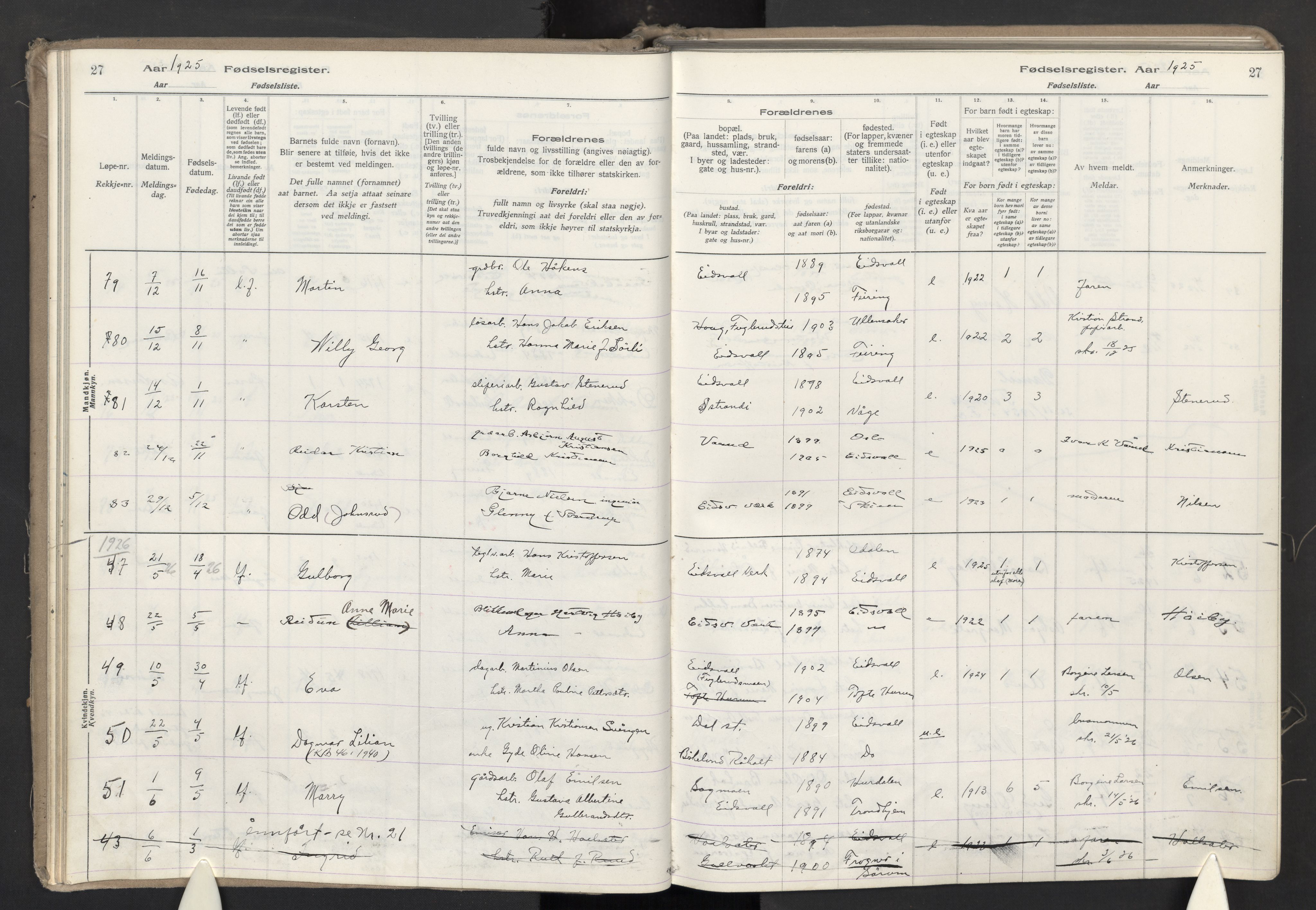 Eidsvoll prestekontor Kirkebøker, AV/SAO-A-10888/J/Ja/L0002: Fødselsregister nr. I 2, 1924-1937, s. 27