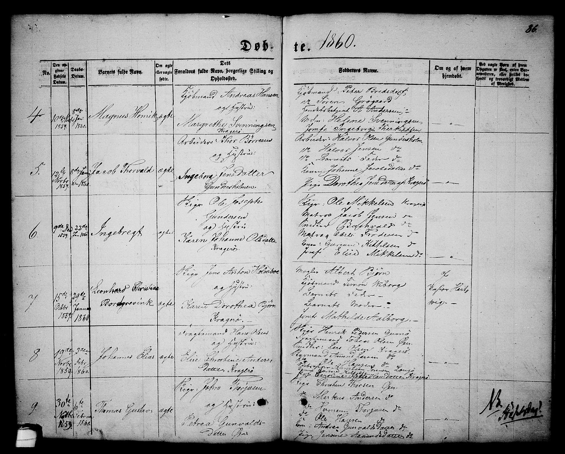 Kragerø kirkebøker, AV/SAKO-A-278/G/Ga/L0004: Klokkerbok nr. 4, 1853-1865, s. 86