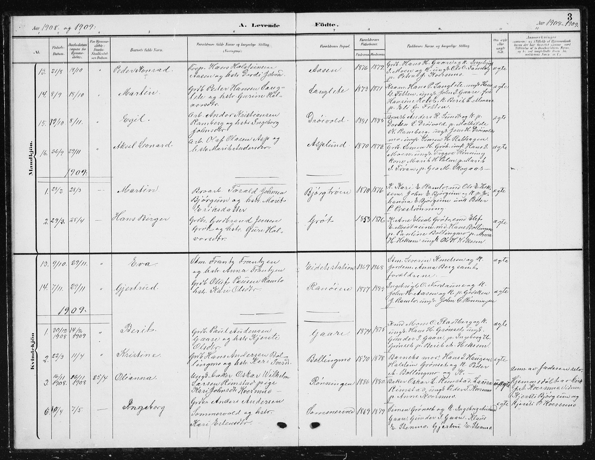 Ministerialprotokoller, klokkerbøker og fødselsregistre - Sør-Trøndelag, AV/SAT-A-1456/685/L0979: Klokkerbok nr. 685C04, 1908-1933, s. 3